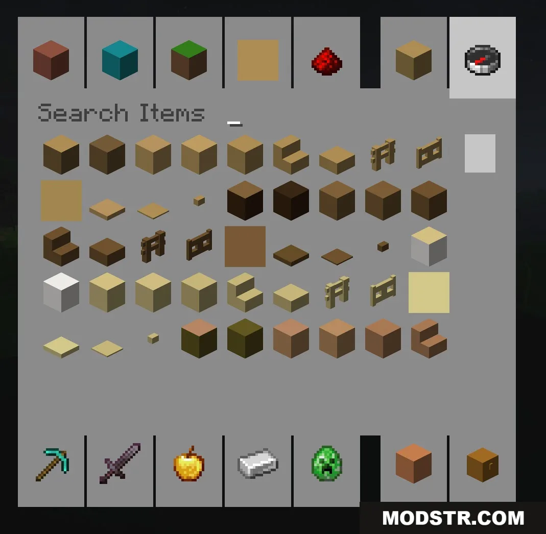 Minecraft inventory screen showing various items represented by single solid color textures
