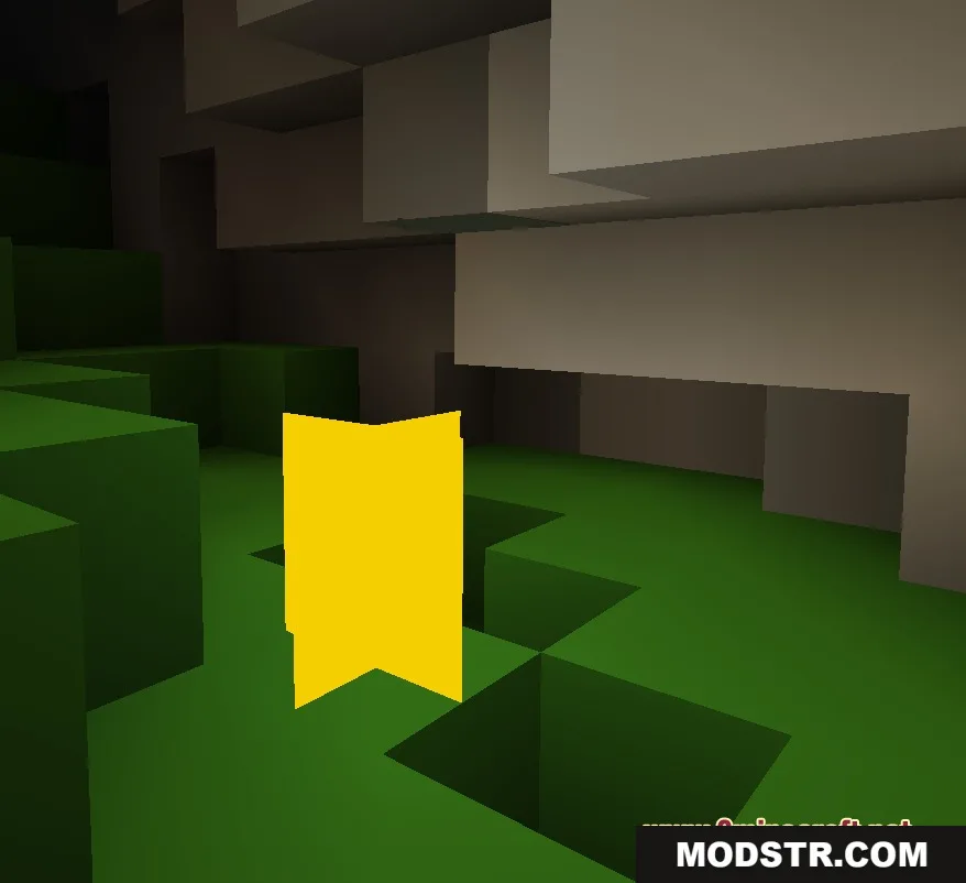 A bright yellow entity stands in a cave made of solid colored blocks