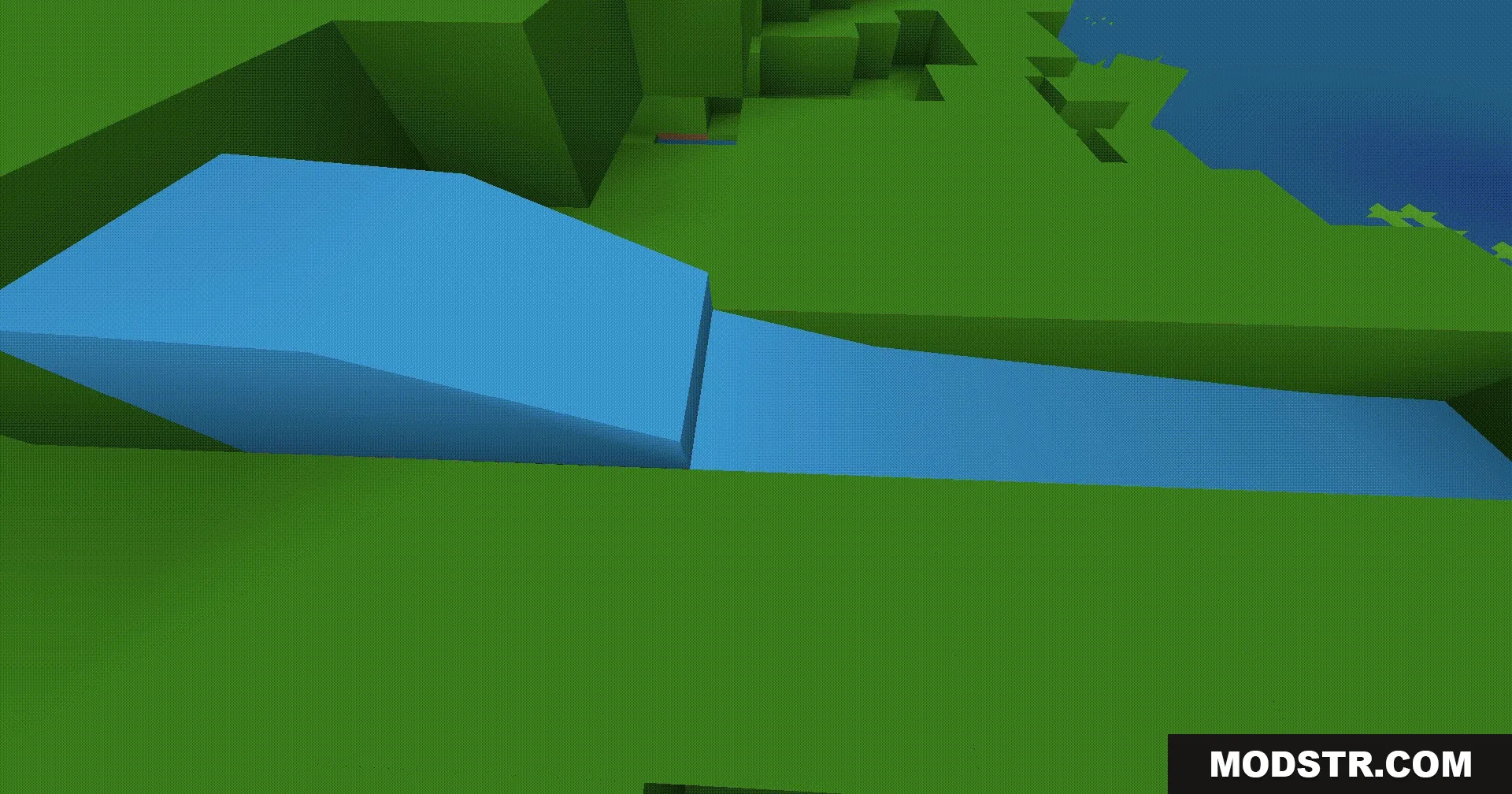 A stream of blue water flows through a green terrain with solid colors