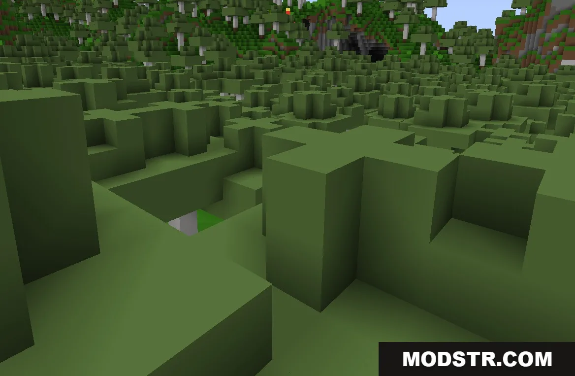 Minecraft landscape where every block is replaced by a single solid color