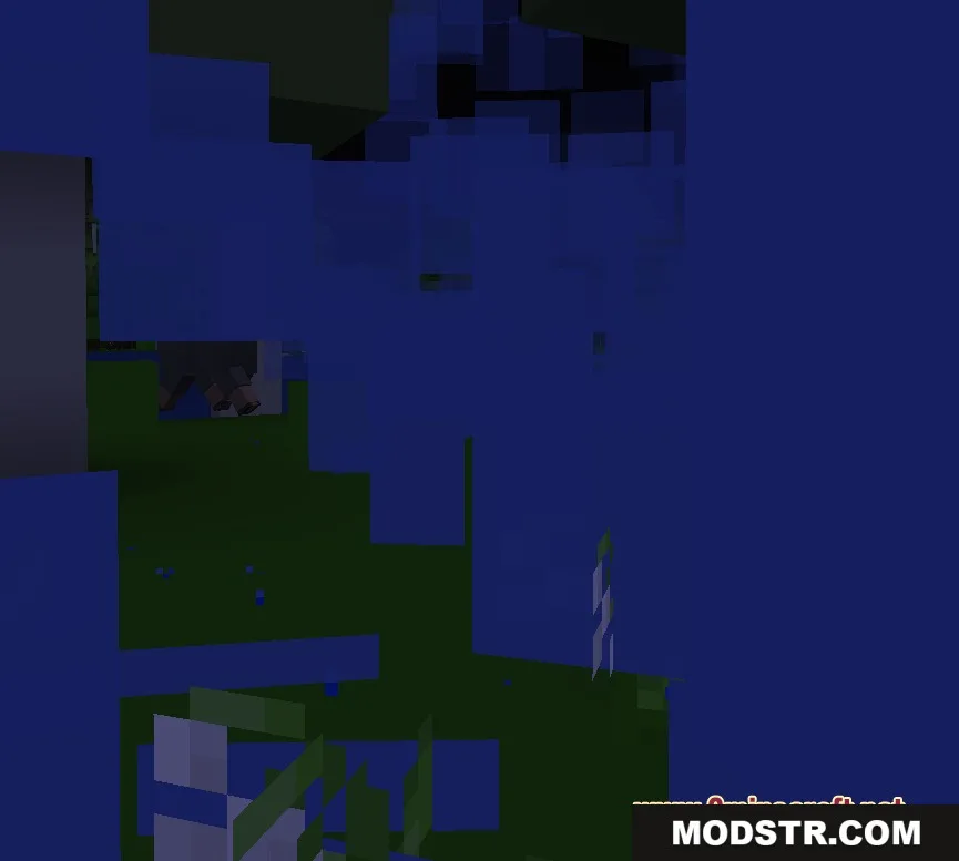 Abstract view of solid blue and green blocks in a simplified Minecraft world