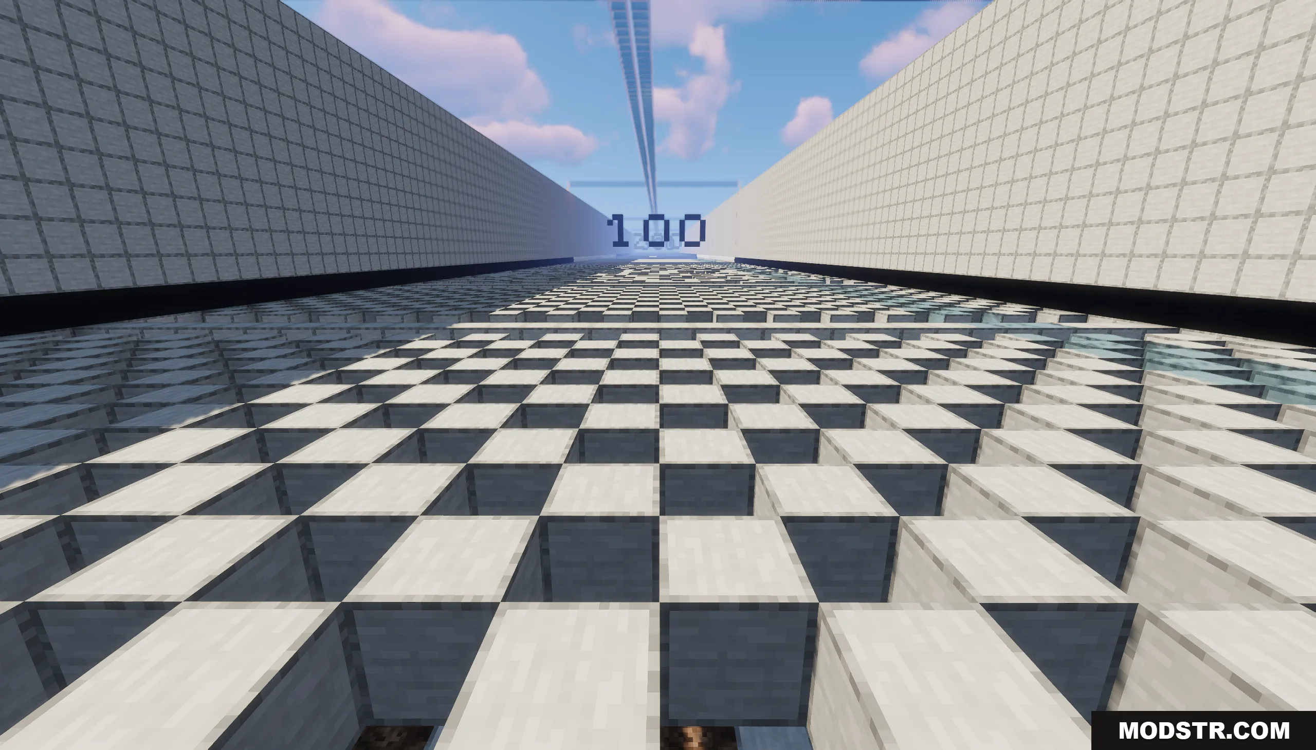 1000 Block Parkour Map Screenshot 1 A long parkour course featuring checkered blocks and a large number sign