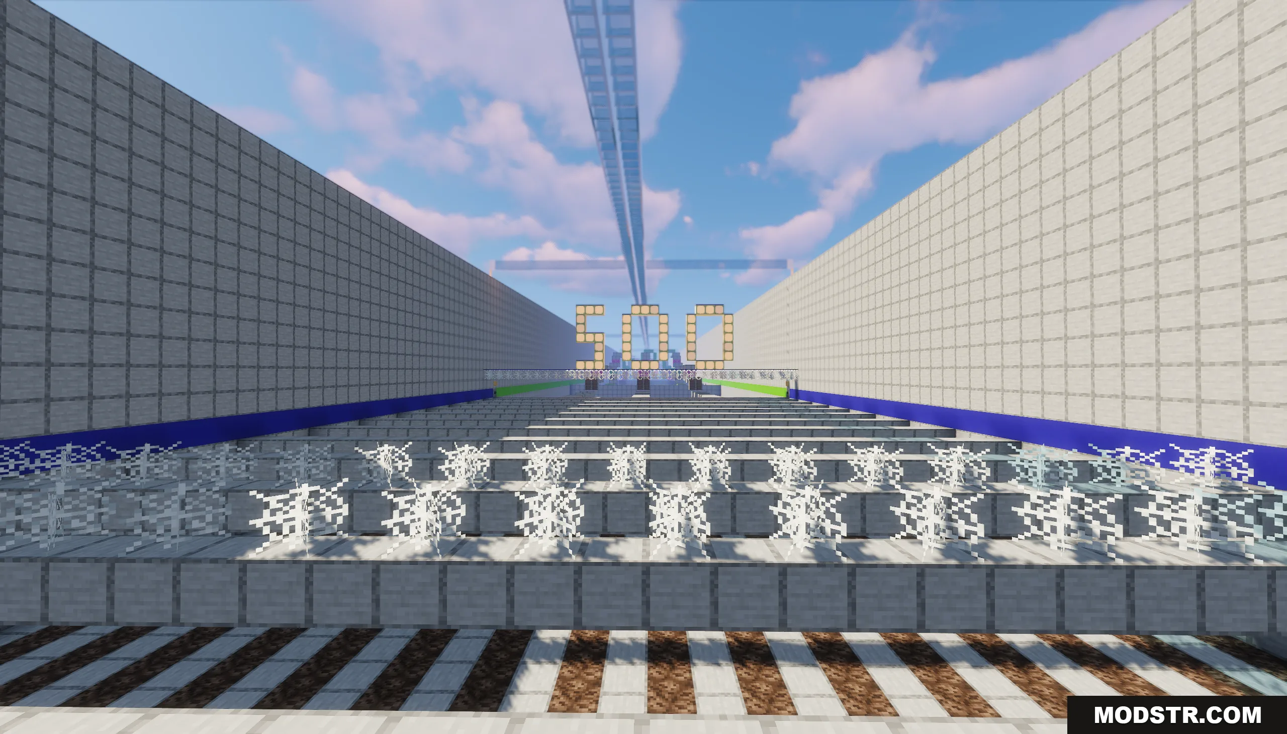 1000 Block Parkour Map Screenshot 6 Minecraft parkour level with cobwebs on platforms and a large 500 sign