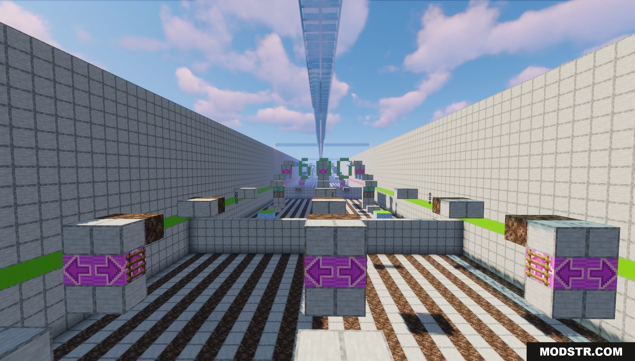 1000 Block Parkour Map Screenshot 7 Minecraft parkour course with white walls and a large green 600 sign