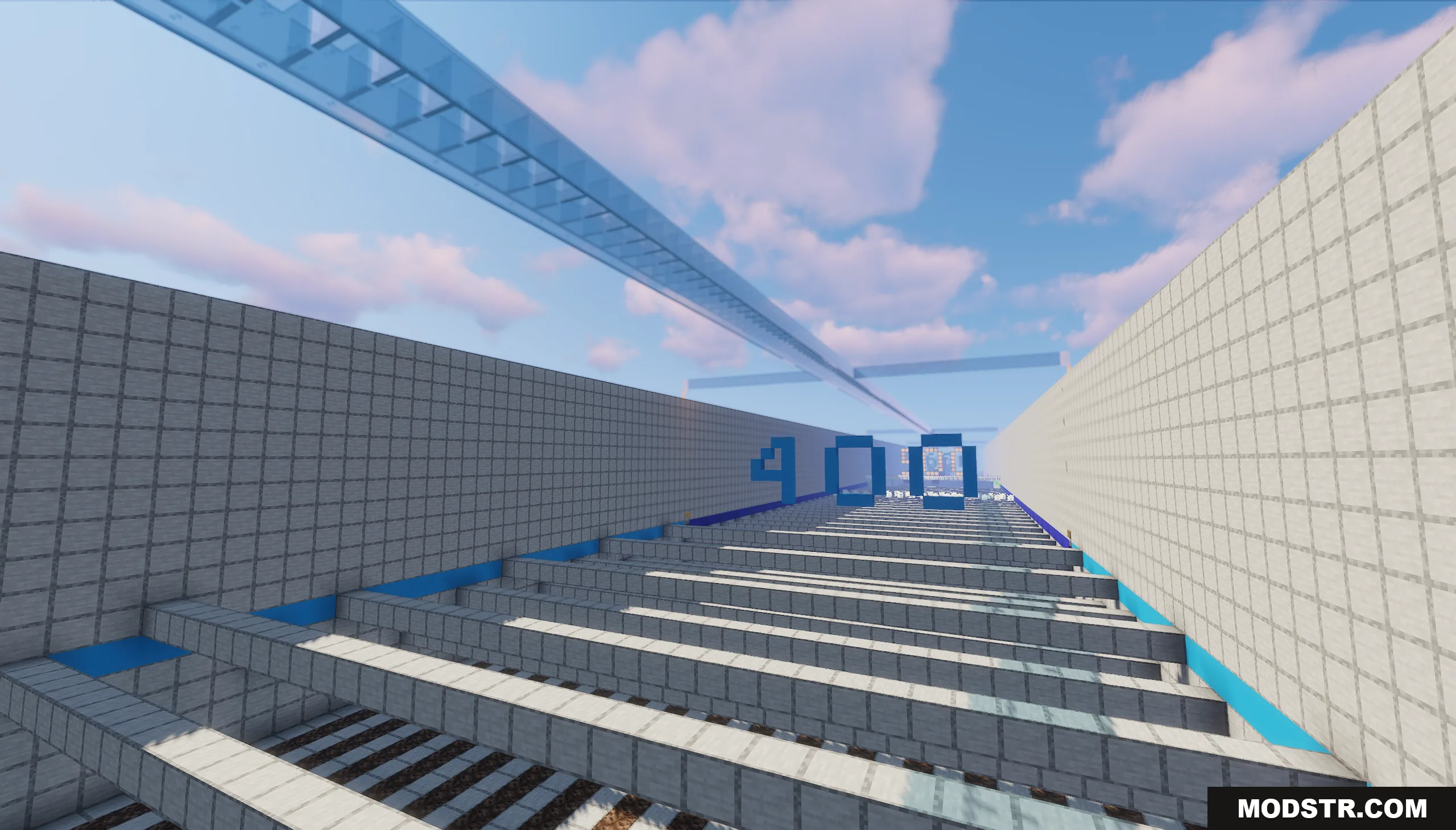 1000 Block Parkour Map Screenshot 5 A long parkour course in Minecraft featuring a large blue 400 sign