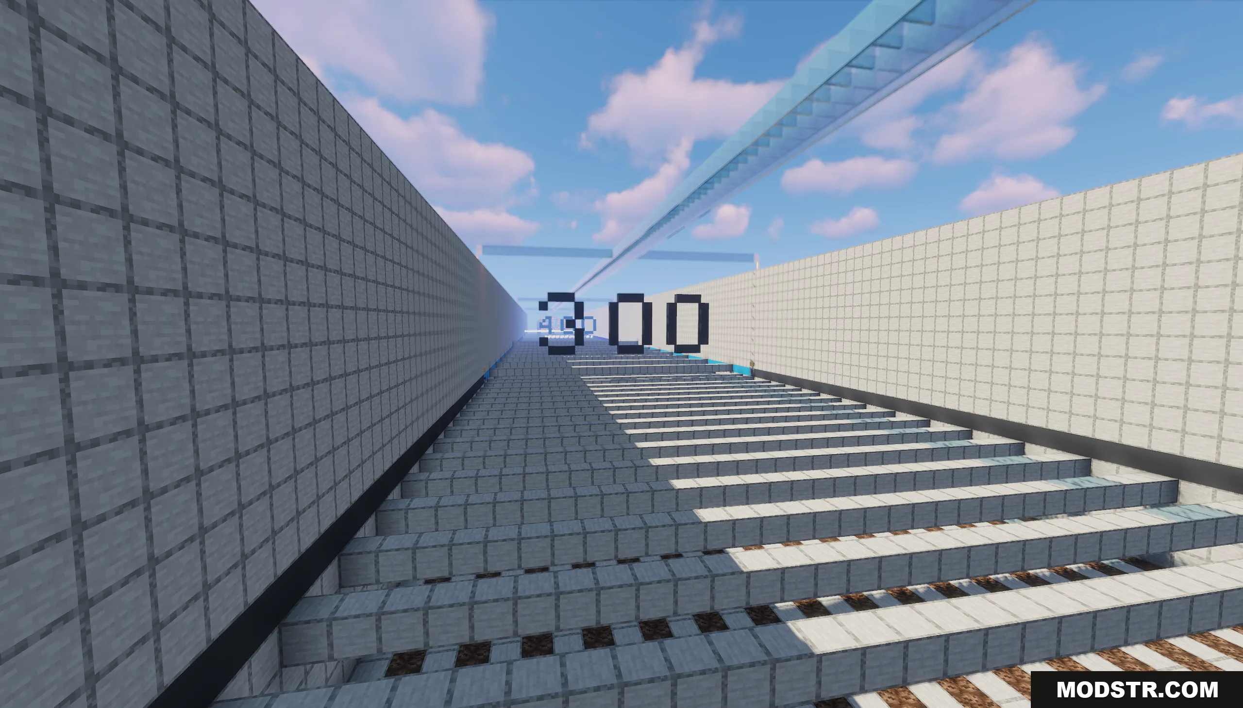 1000 Block Parkour Map Screenshot 4 White block platforms stretching towards a large number 300 in a hallway