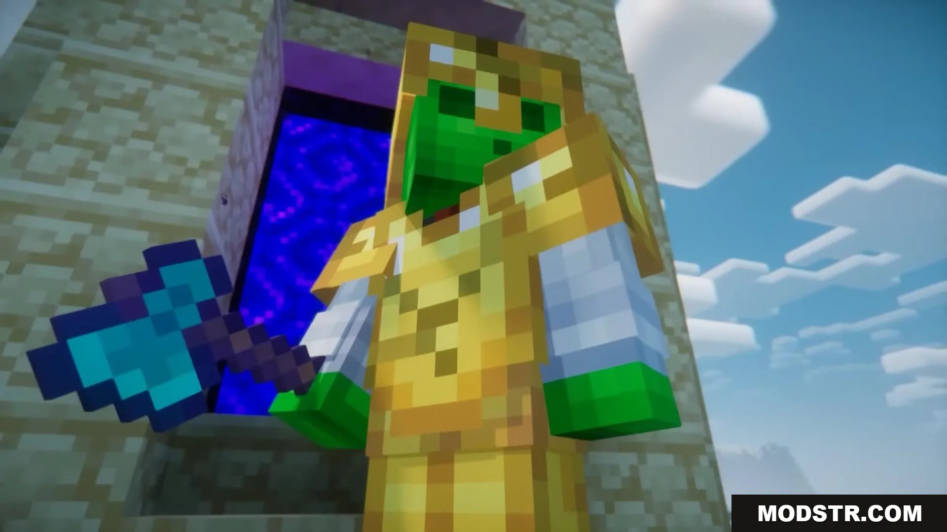 3 D Medieval Iron Bars Resource Pack Screenshot 10 A zombie wearing full gold armor holds a diamond axe near a portal