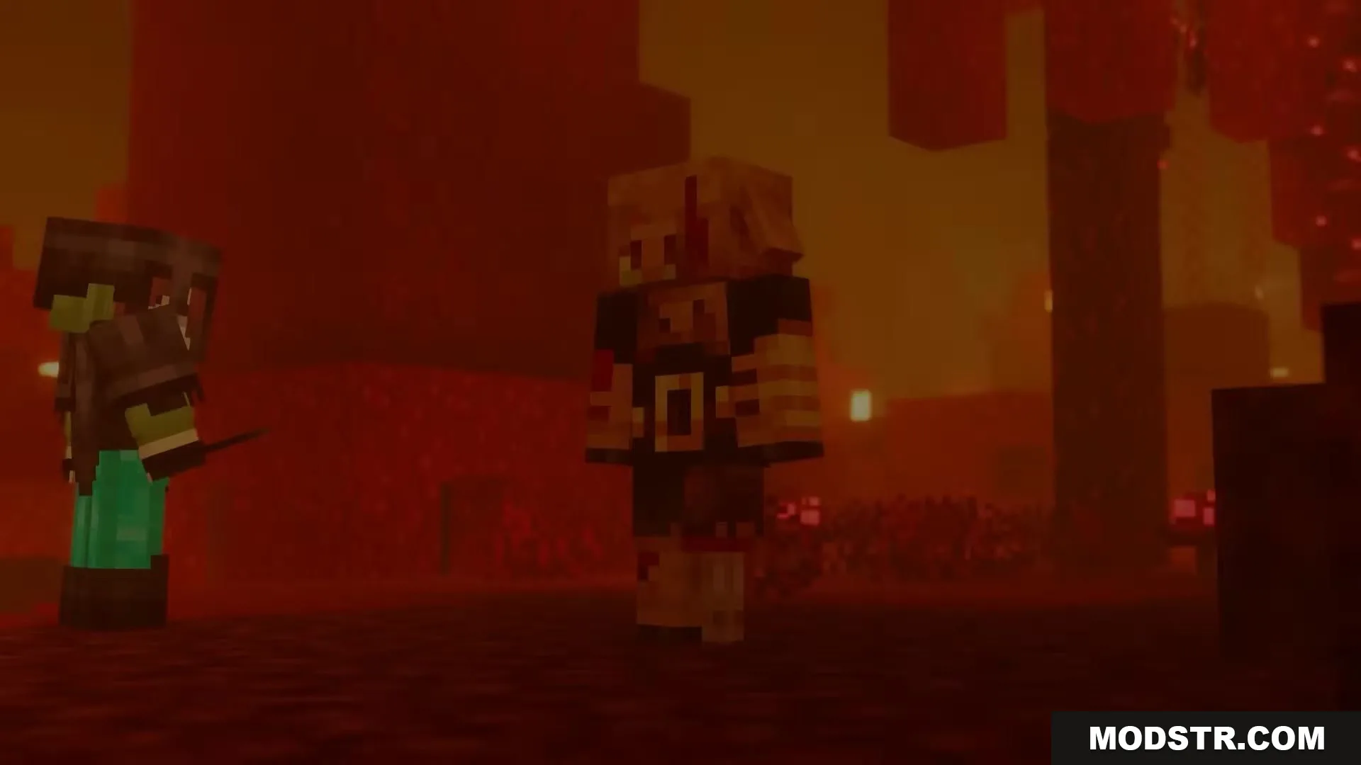 3 D Medieval Iron Bars Resource Pack Screenshot 5 A Minecraft character stands in the Nether while another armored figure watches nearby