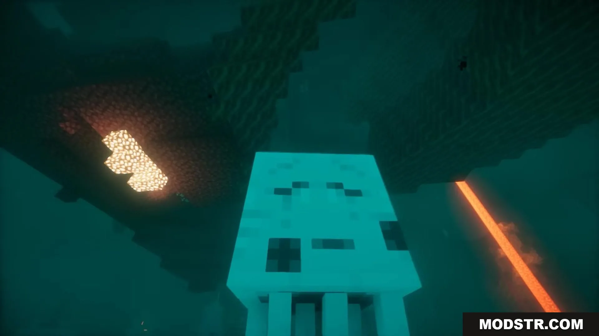3 D Medieval Iron Bars Resource Pack Screenshot 9 A large white Ghast floats in the dark Nether near glowing lava