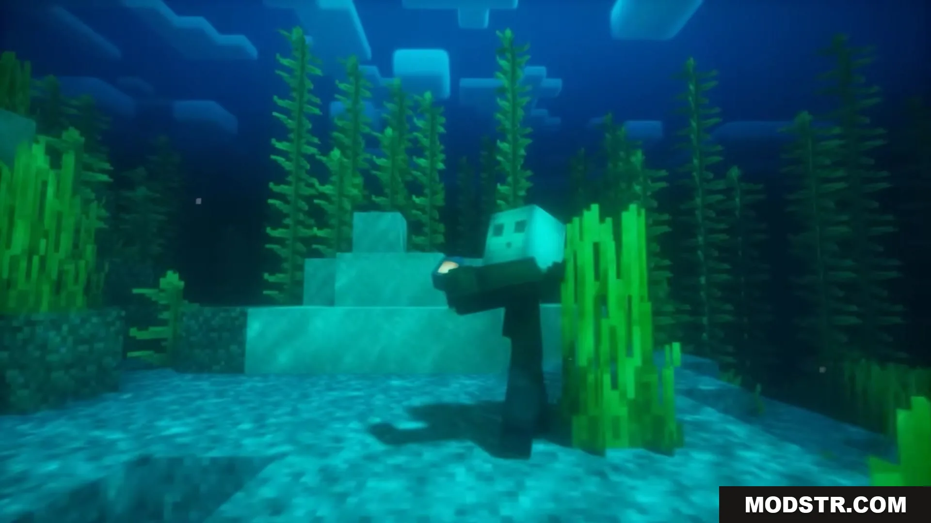 3 D Medieval Iron Bars Resource Pack Screenshot 1 A Drowned mob holding a Nautilus Shell in a deep blue underwater forest
