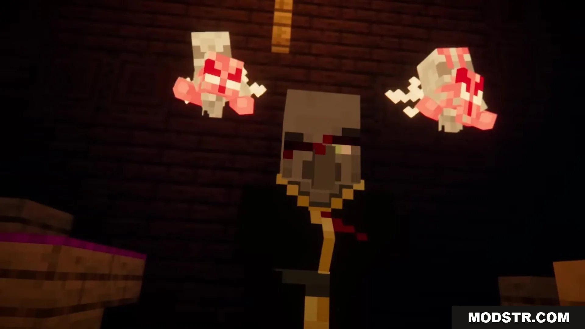 3 D Medieval Iron Bars Resource Pack Screenshot 7 An Evoker holding a staff with two Vexes flying in a dark room