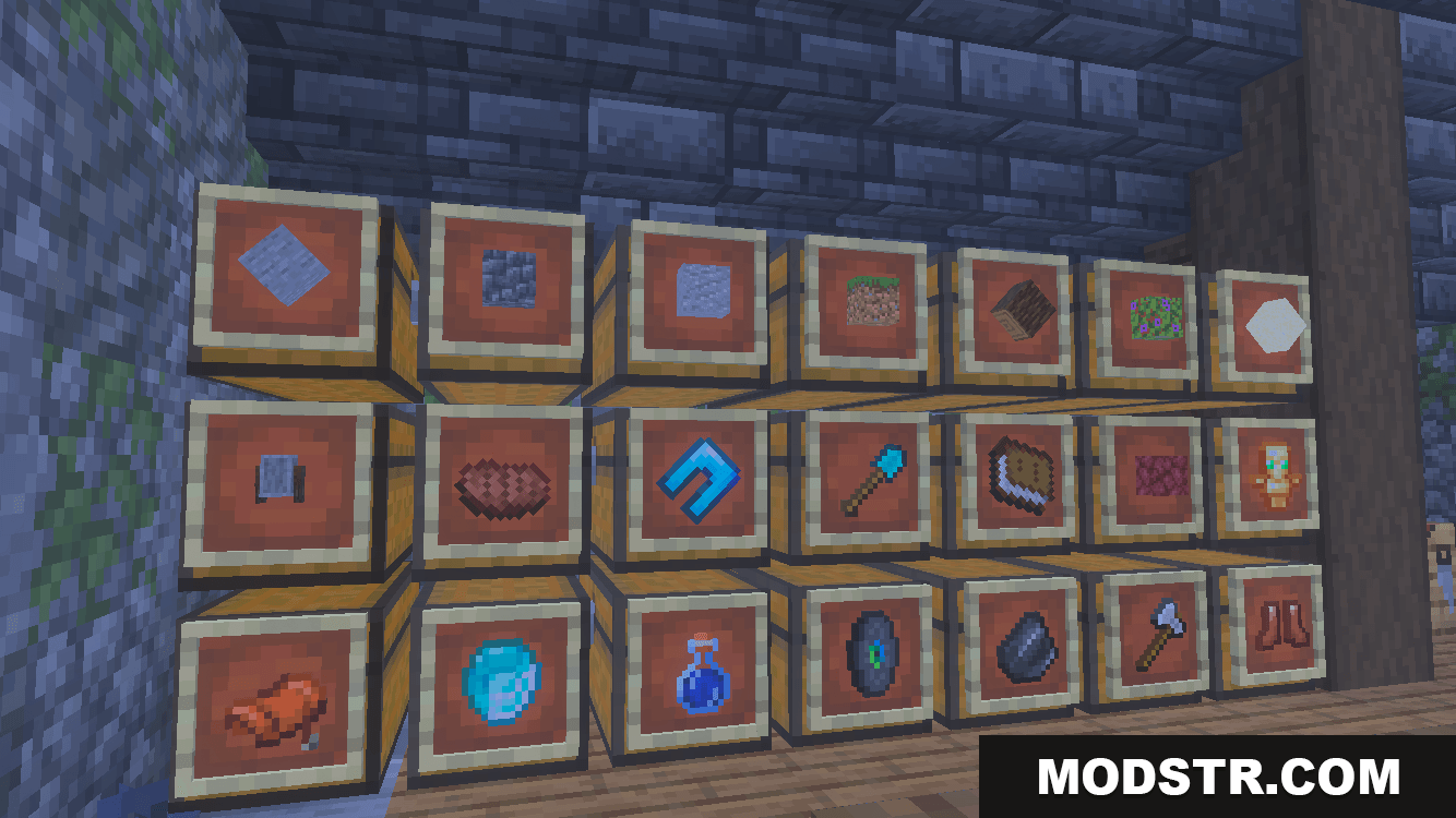 Wall of chests with item frames for organized item storage