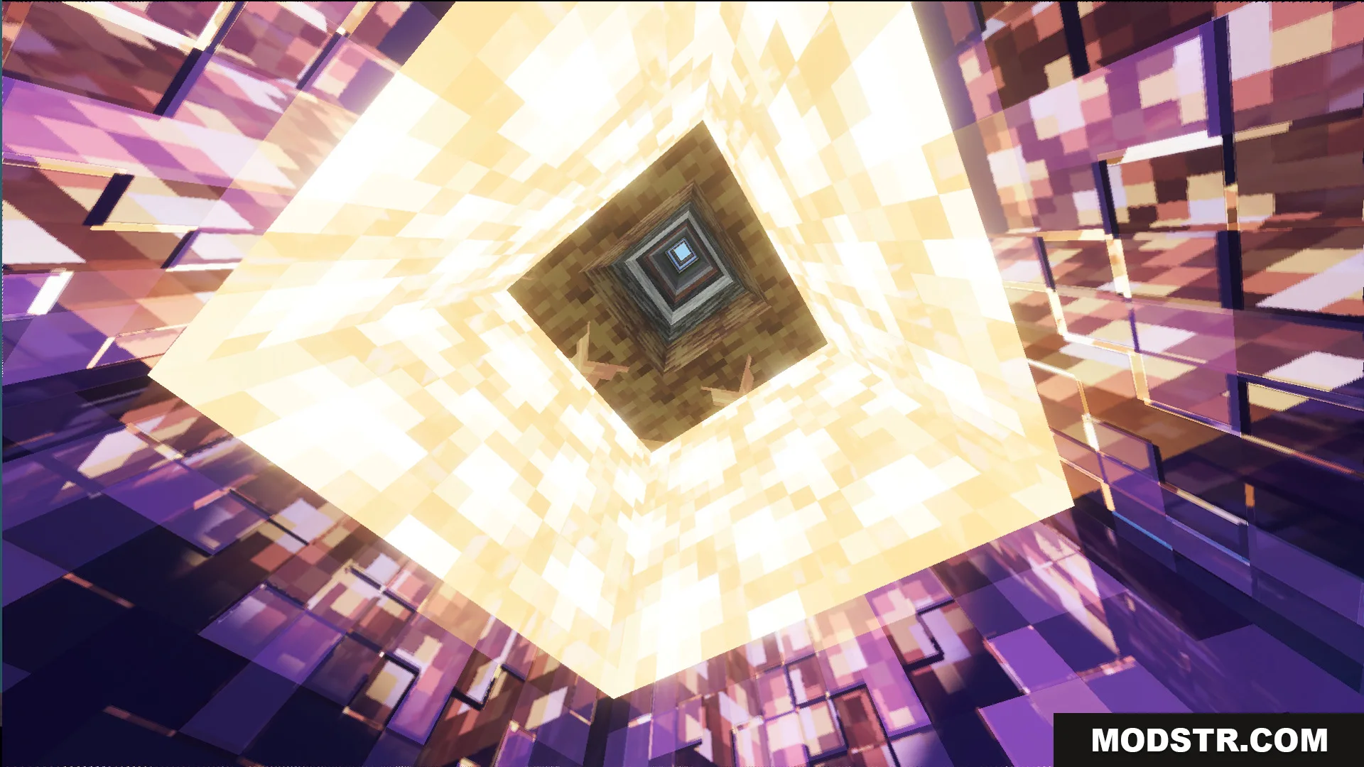 A 100 Layer Survival Map Screenshot 5 Looking through a deep vertical shaft made of glowing and purple block layers