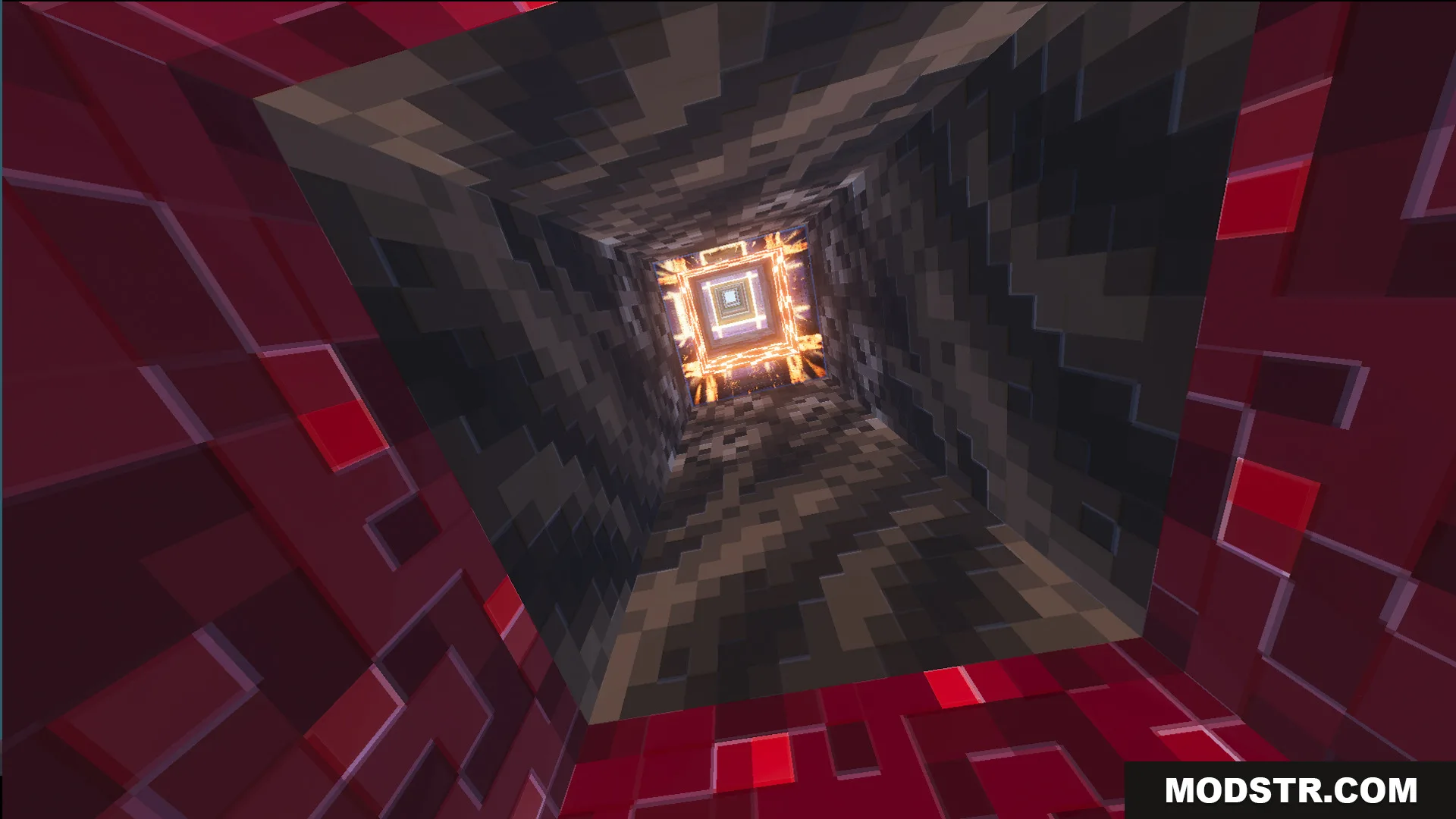 A 100 Layer Survival Map Screenshot 4 Tilted view of a long square tunnel through dark stone and nether layers