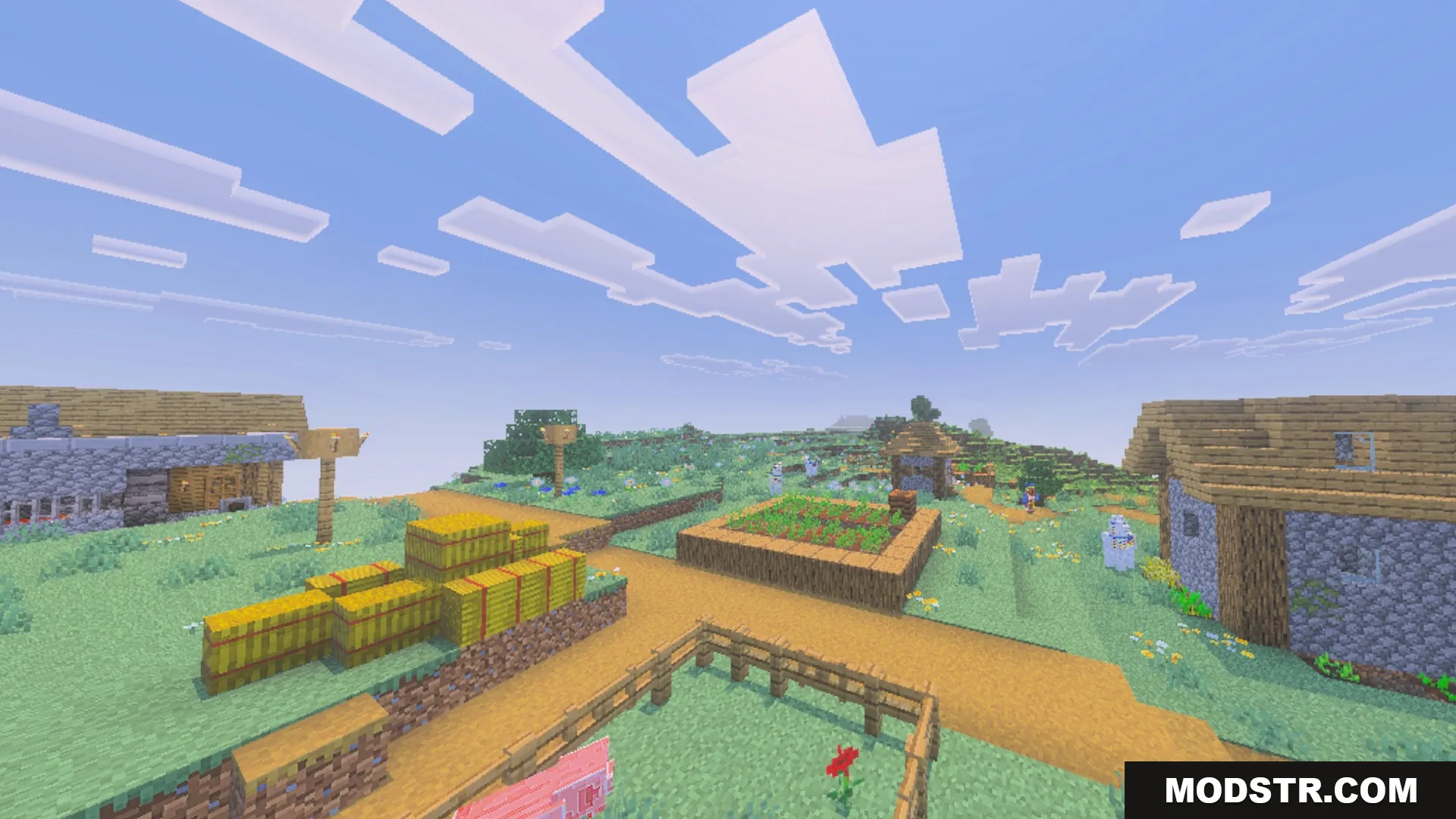 ACD Shaders - New Cinematic Illumination Shader Screenshot 7 A bright Minecraft village featuring soft shadows and realistic atmospheric cloud details