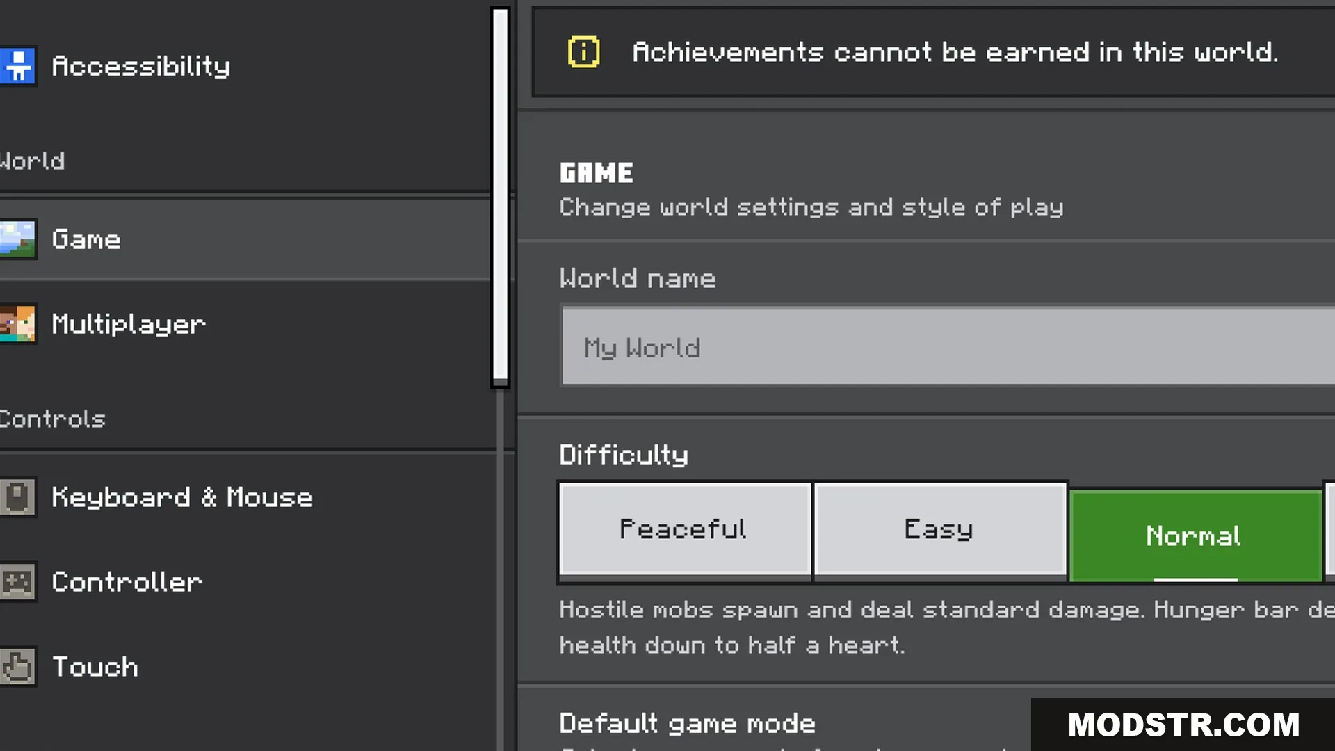 ACD Shaders - New Cinematic Illumination Shader Screenshot 8 Minecraft Bedrock world settings menu showing difficulty levels and game mode options