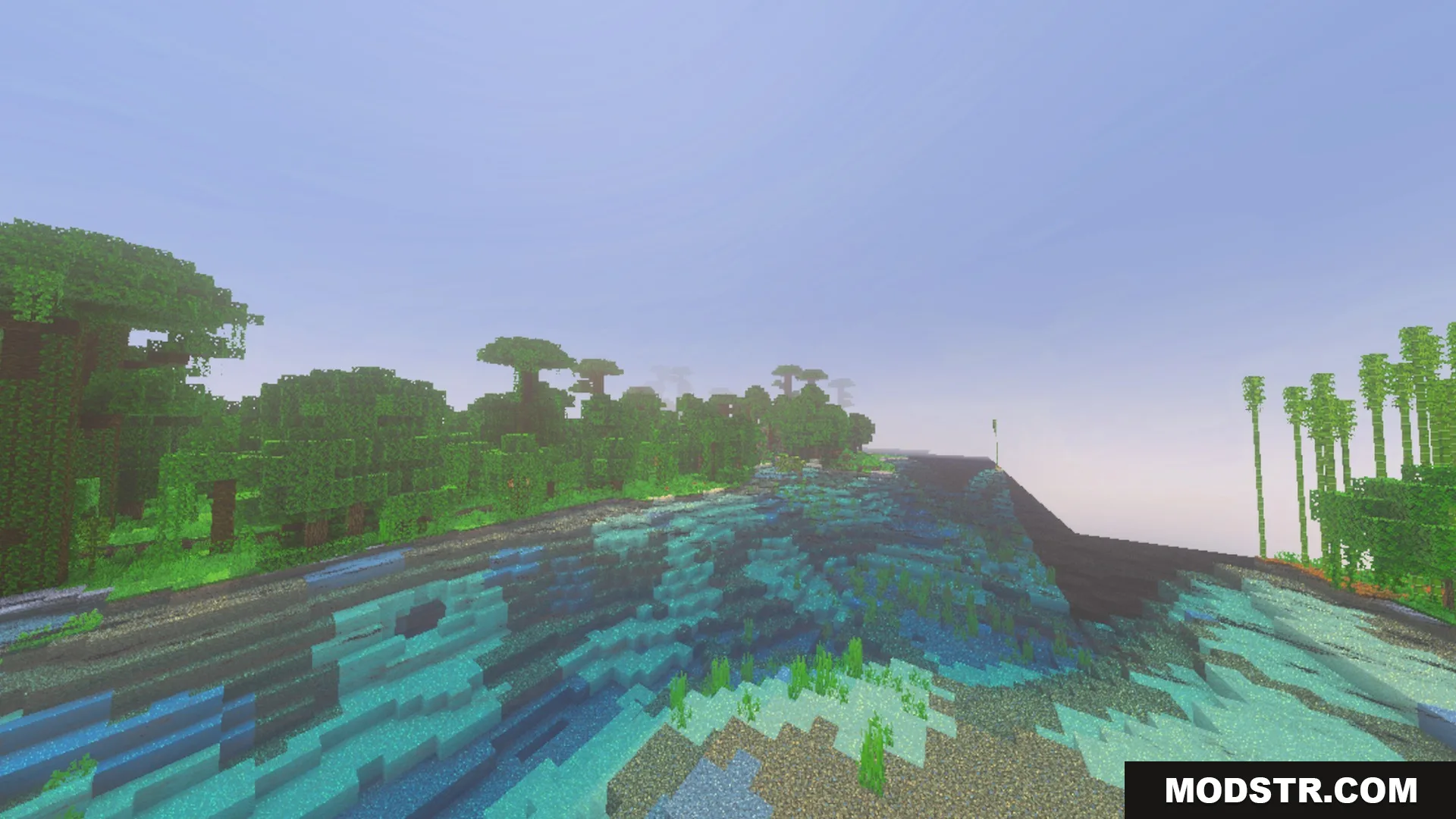 ACD Shaders - New Cinematic Illumination Shader Screenshot 1 Lush jungle biome next to a river with realistic water and fog