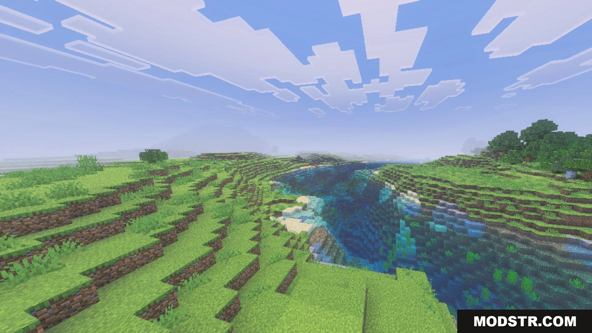 ACD Shaders - New Cinematic Illumination Shader Screenshot 5 Scenic Minecraft landscape with rolling green hills and clear blue water under clouds