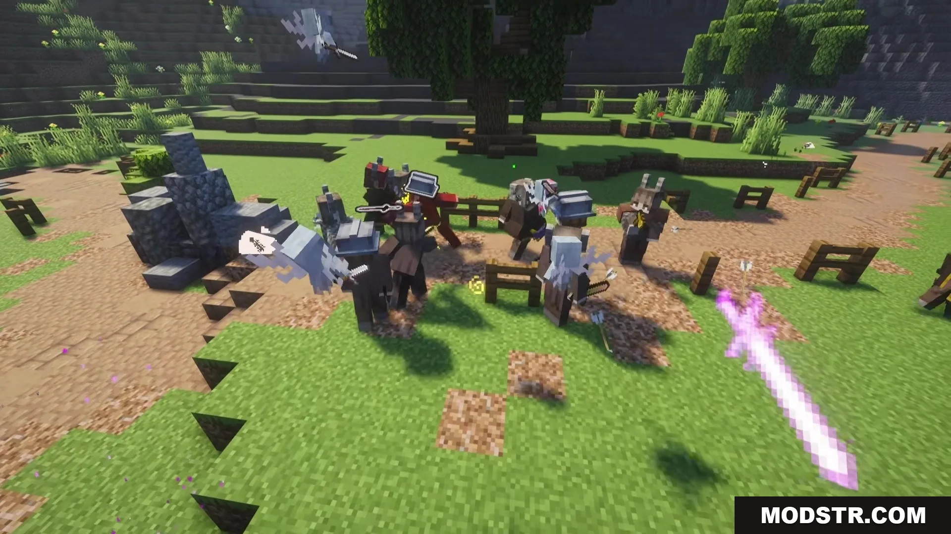 Human allies and mages battle demons using magic spells and arrows