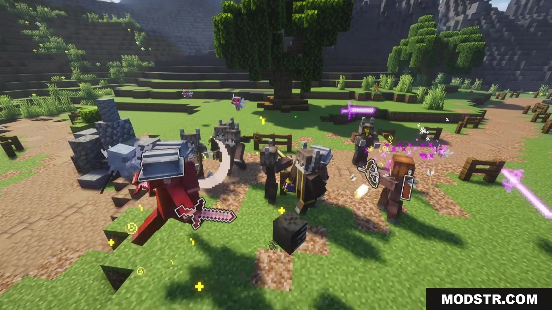 Human warriors fight a red demon using magical purple swords and spells