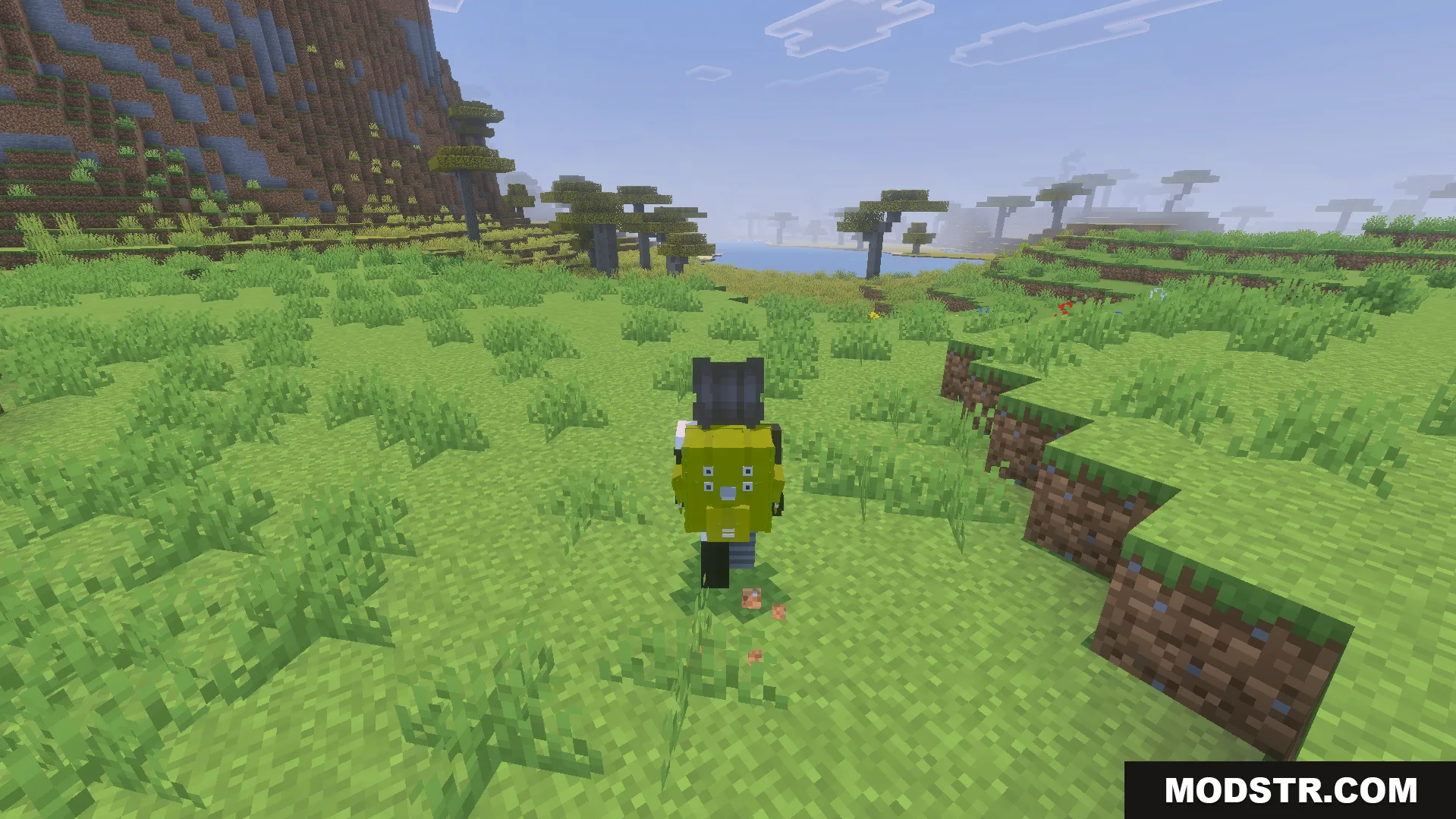 Player wearing a yellow Actual Backpack Addon item while exploring a savanna