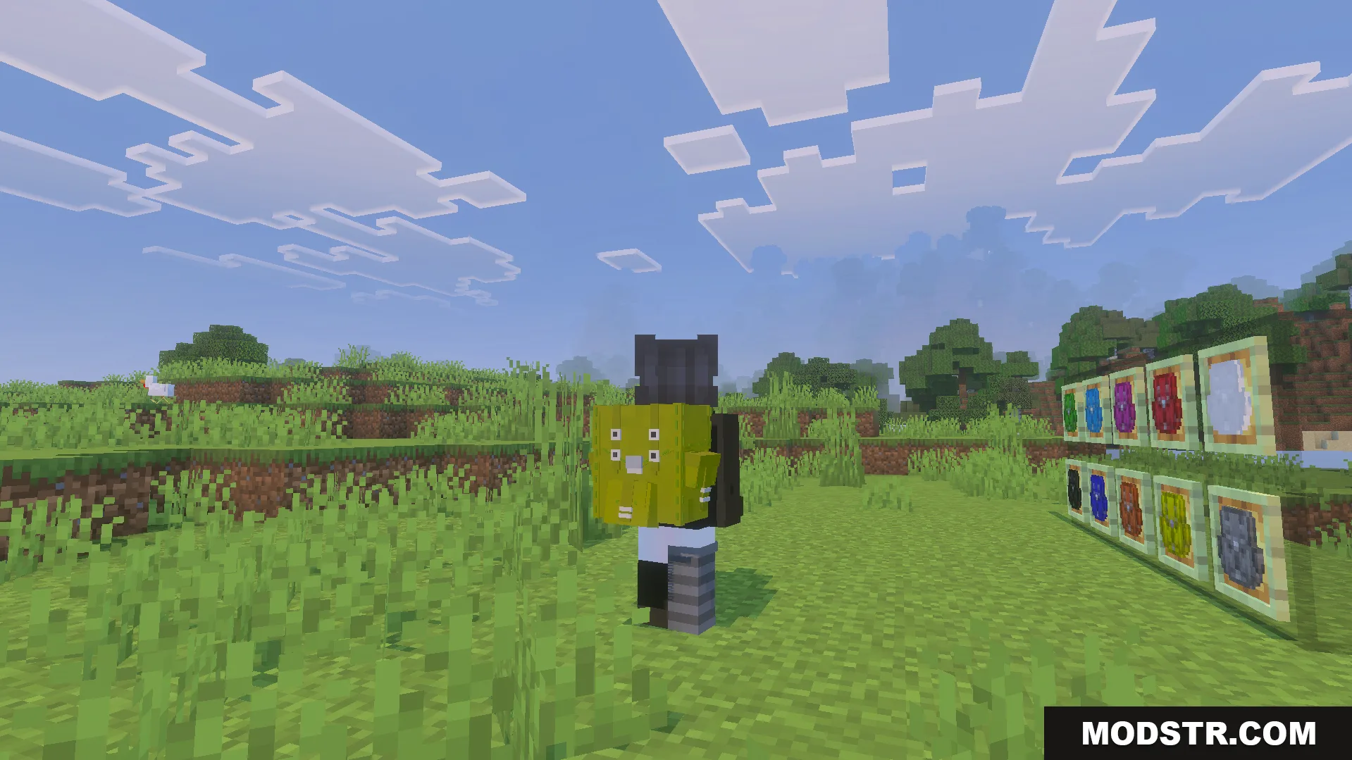 Player wearing a lime green backpack standing near a wall of item frames