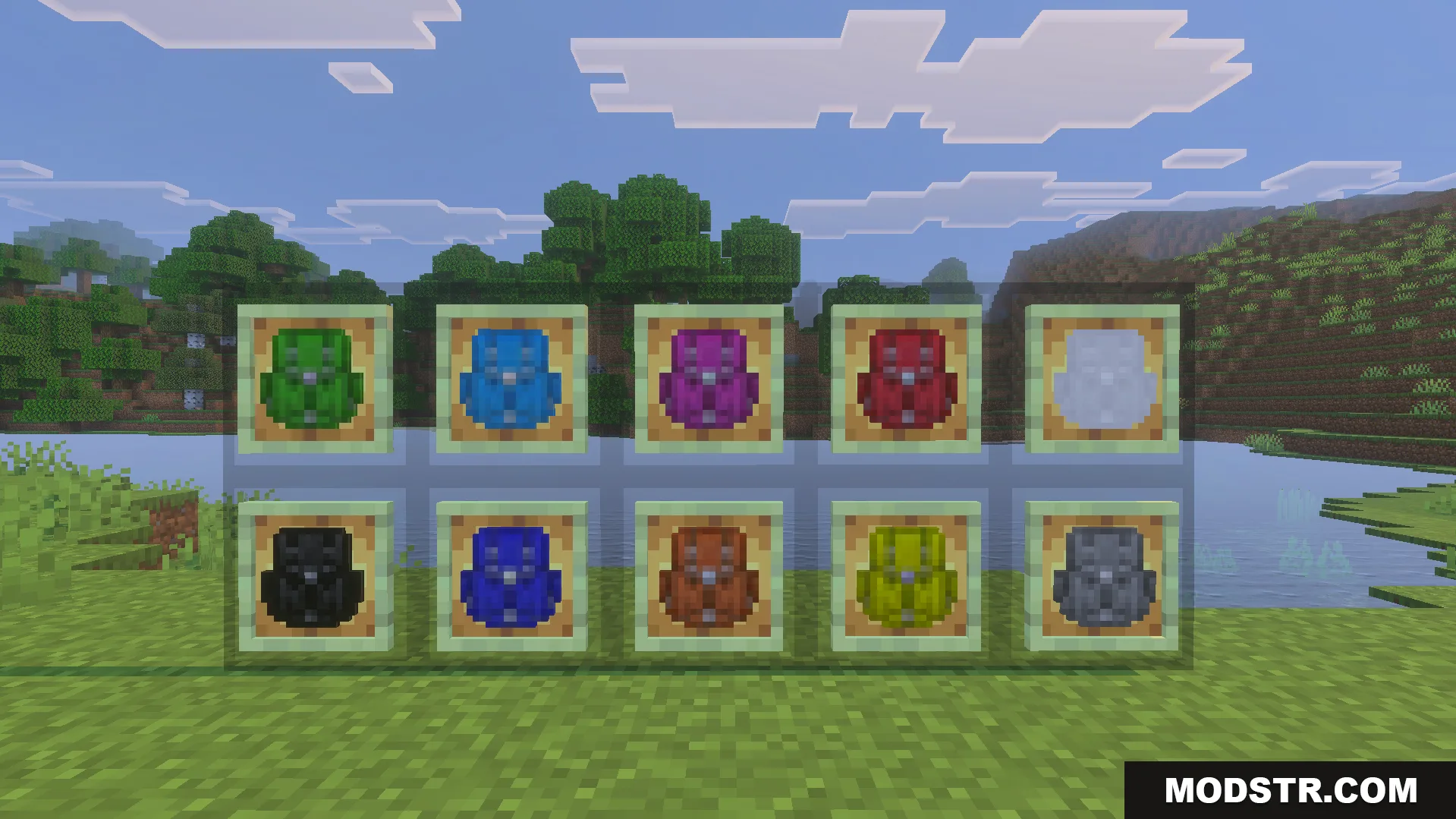 Ten different colored backpacks displayed in item frames on a glass wall