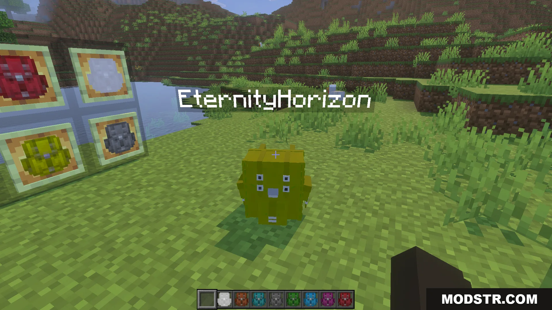 A player wearing a lime green backpack from the Actual Backpack Addon
