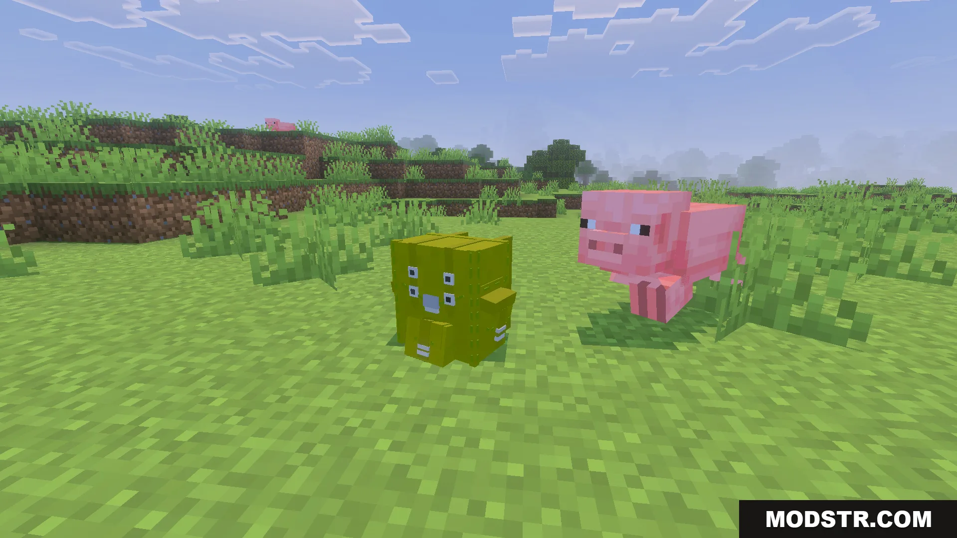 A yellow backpack placed on the grass next to a pink pig