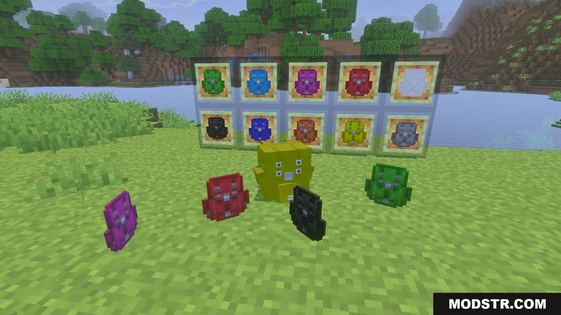 Multiple colorful backpacks displayed in item frames and placed on the grassy ground