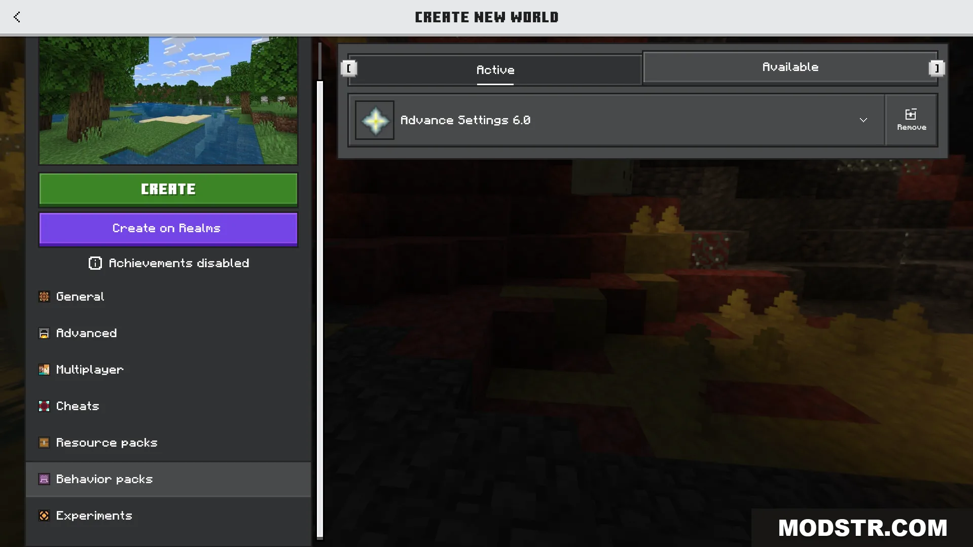 Advance Settings Addon Screenshot 1 Activating the Advance Settings behavior pack in the Minecraft world creation menu screen