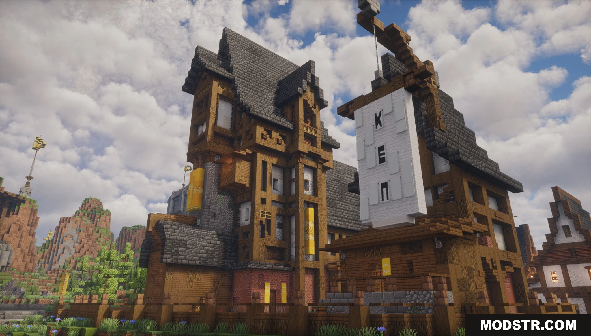 Aetheria City Map Screenshot 8 Tall medieval timber-framed buildings with a large wooden crane