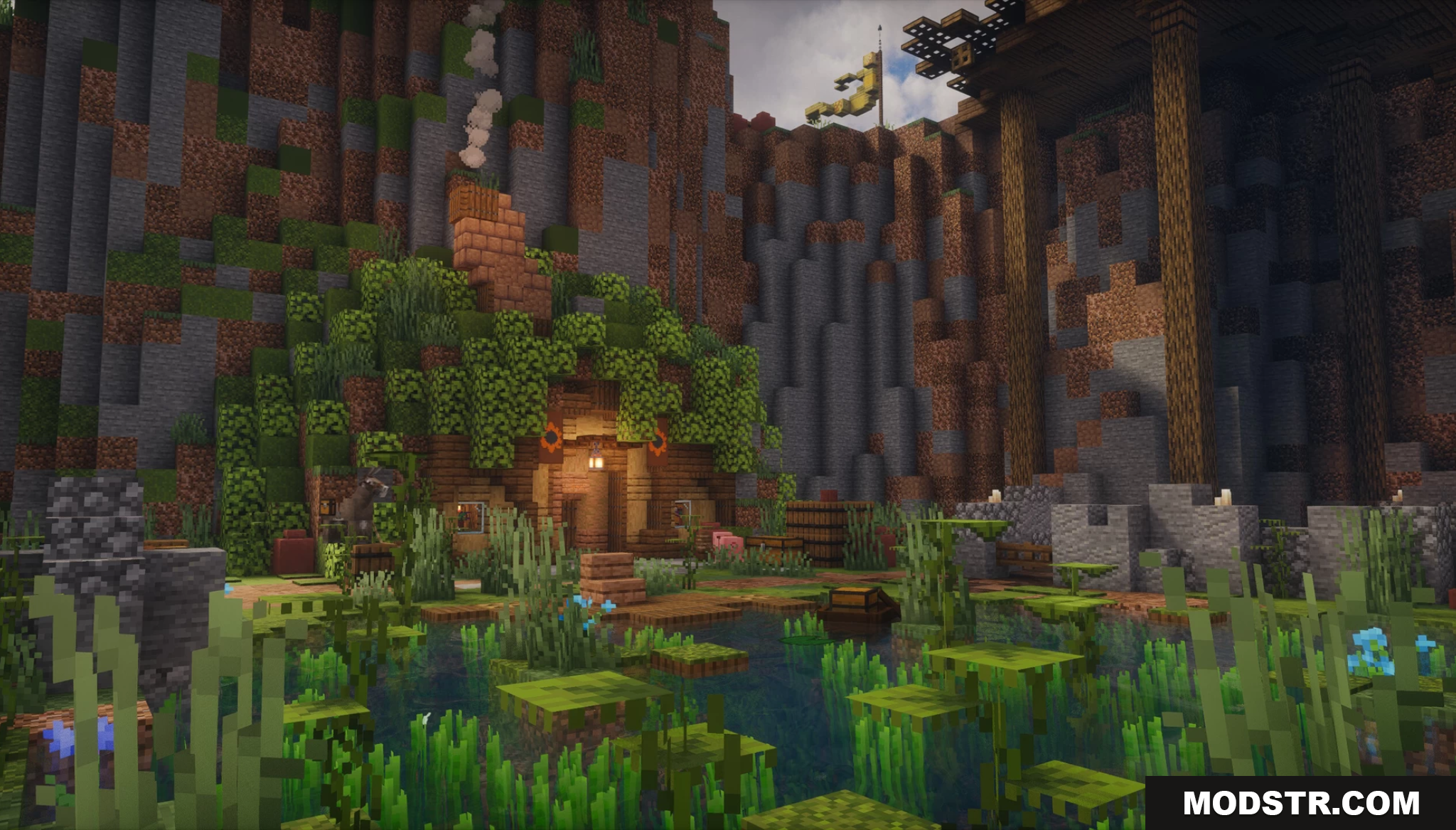 Aetheria City Map Screenshot 7 A cozy hobbit-style house built into a swampy cliffside