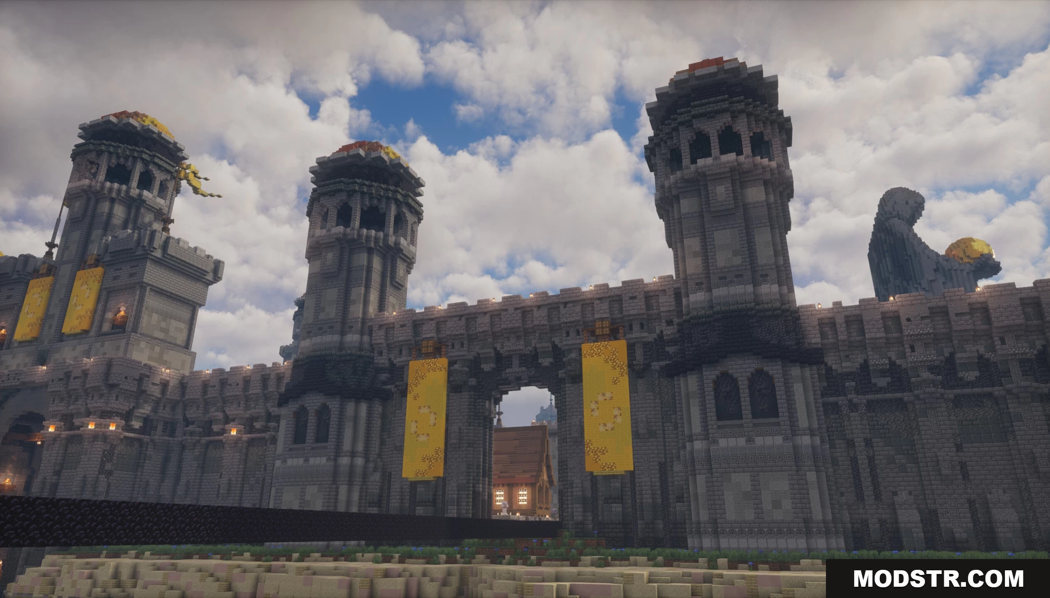 Aetheria City Map Screenshot 4 A massive stone castle gatehouse with tall, ornate towers