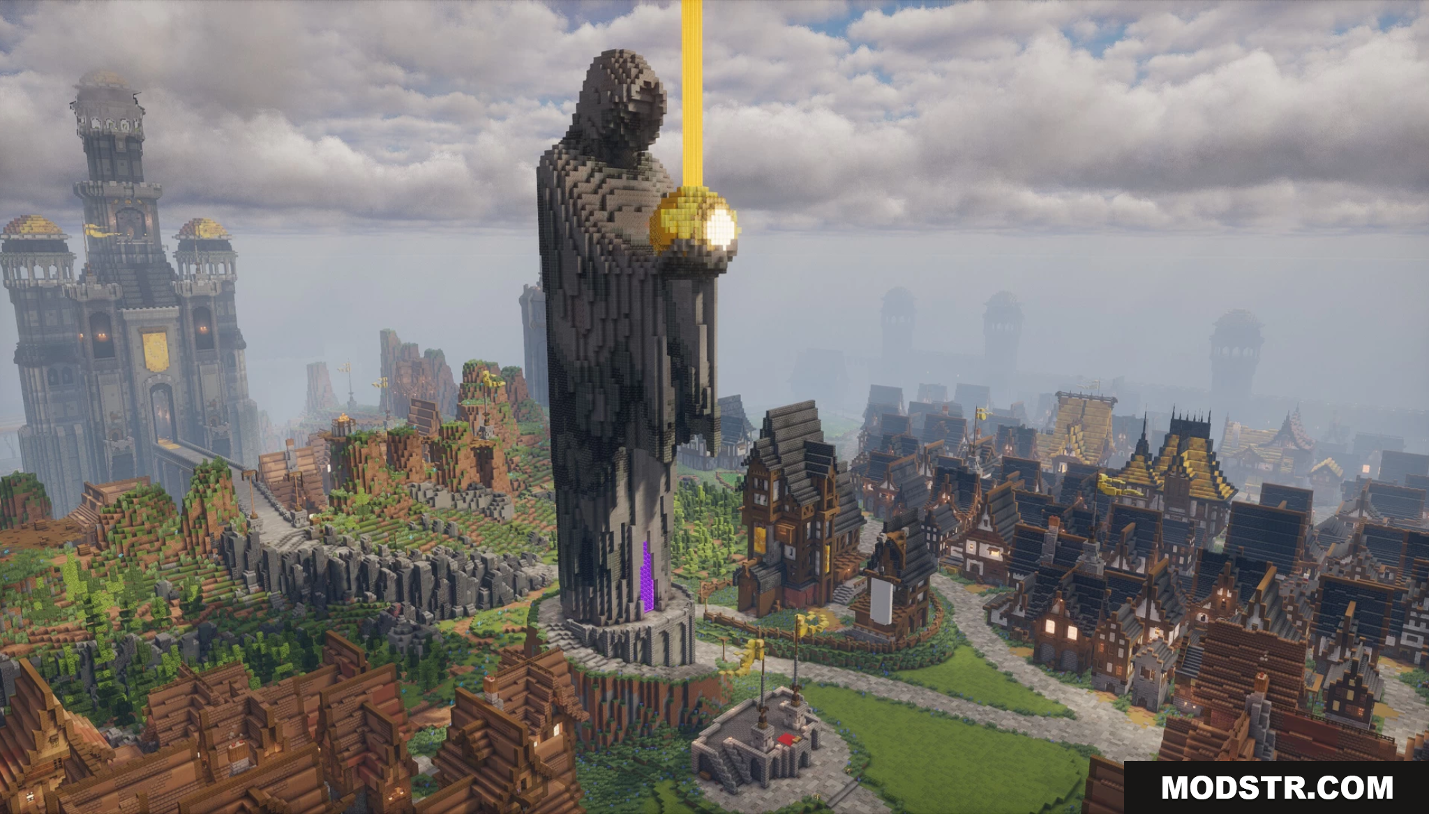 Aetheria City Map Screenshot 2 A giant hooded statue overlooks a sprawling medieval city