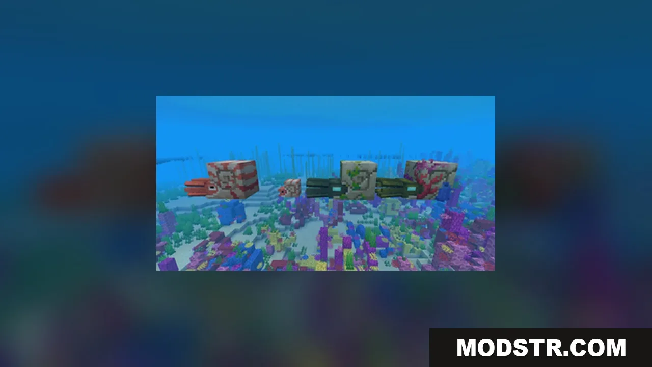 AL's Squids & Nautiluses Resource Pack Screenshot 4 Different nautilus and ammonite mob variants swimming in a vibrant coral reef