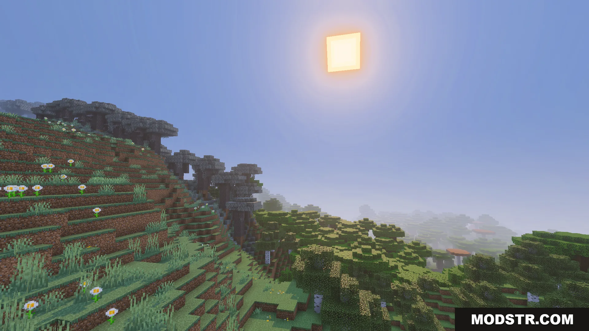 Alice Shader Screenshot 4 Scenic Minecraft landscape with rolling hills and bright sunlight using Alice Shader