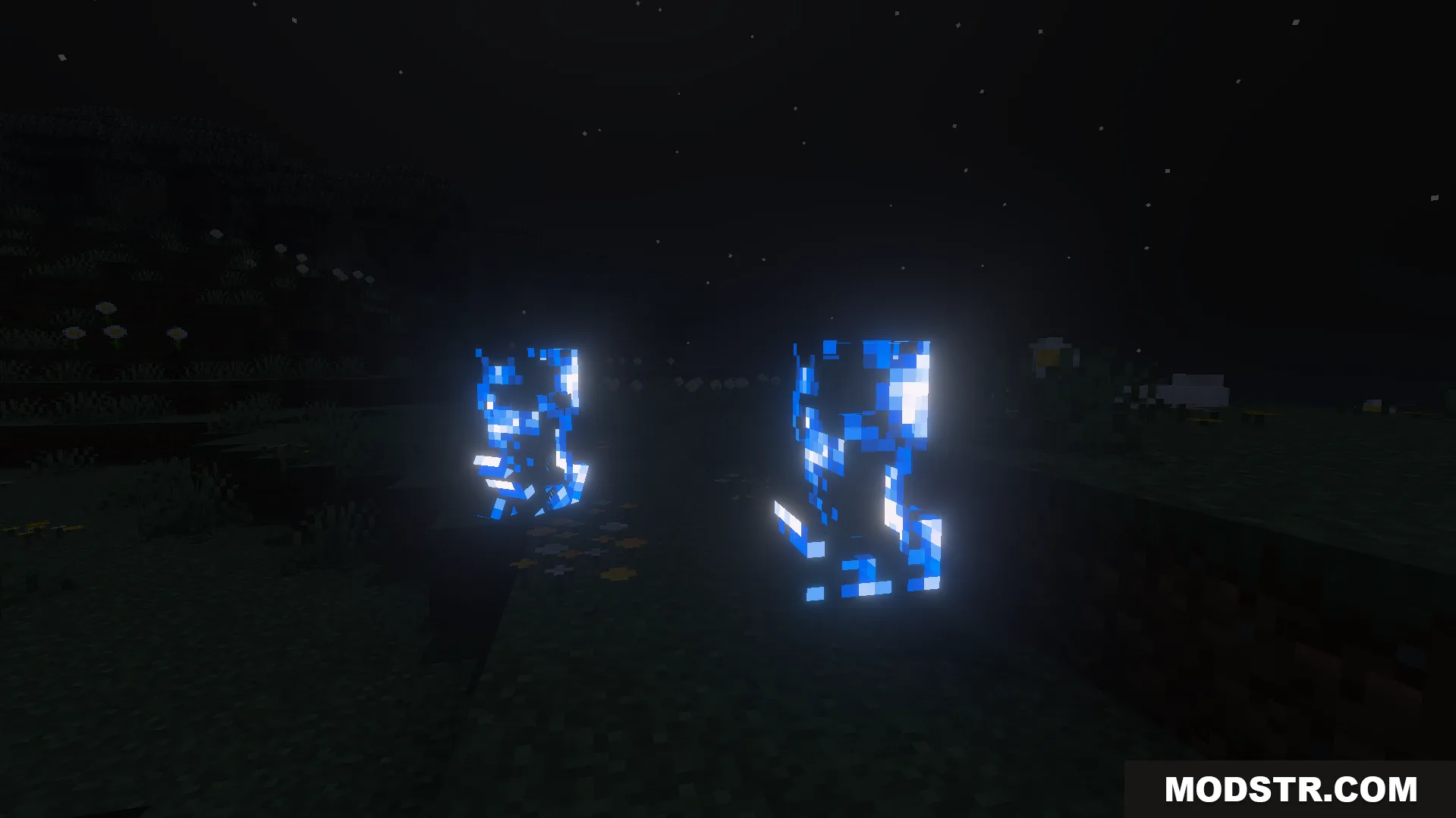 Alice Shader Screenshot 3 Two charged creepers glowing with blue electric aura in the dark night