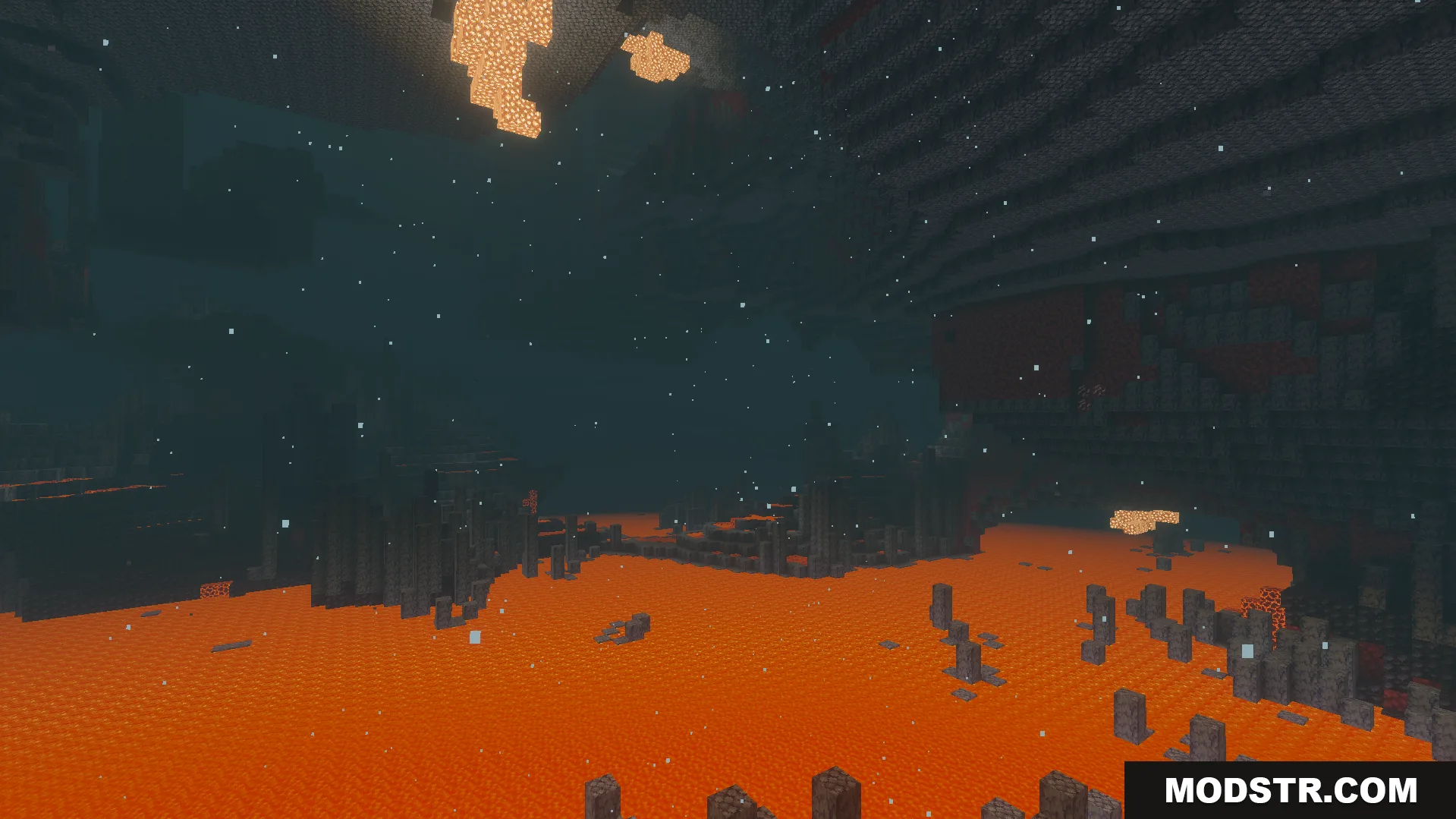 Alice Shader Screenshot 8 Ash particles fall over a vast lava lake with basalt pillars and glowstone