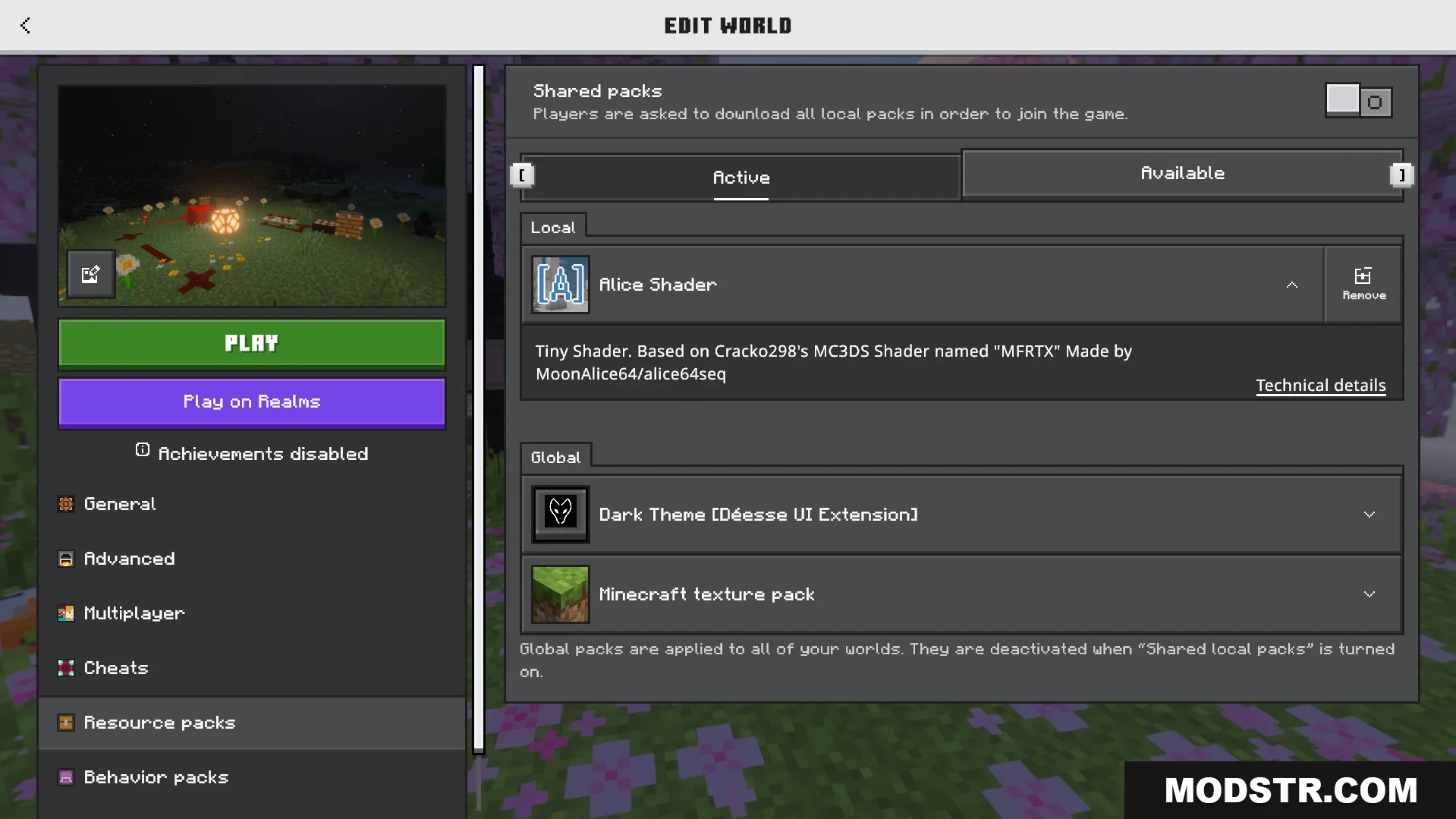 Alice Shader Screenshot 1 Minecraft world settings menu showing the active Alice Shader resource pack