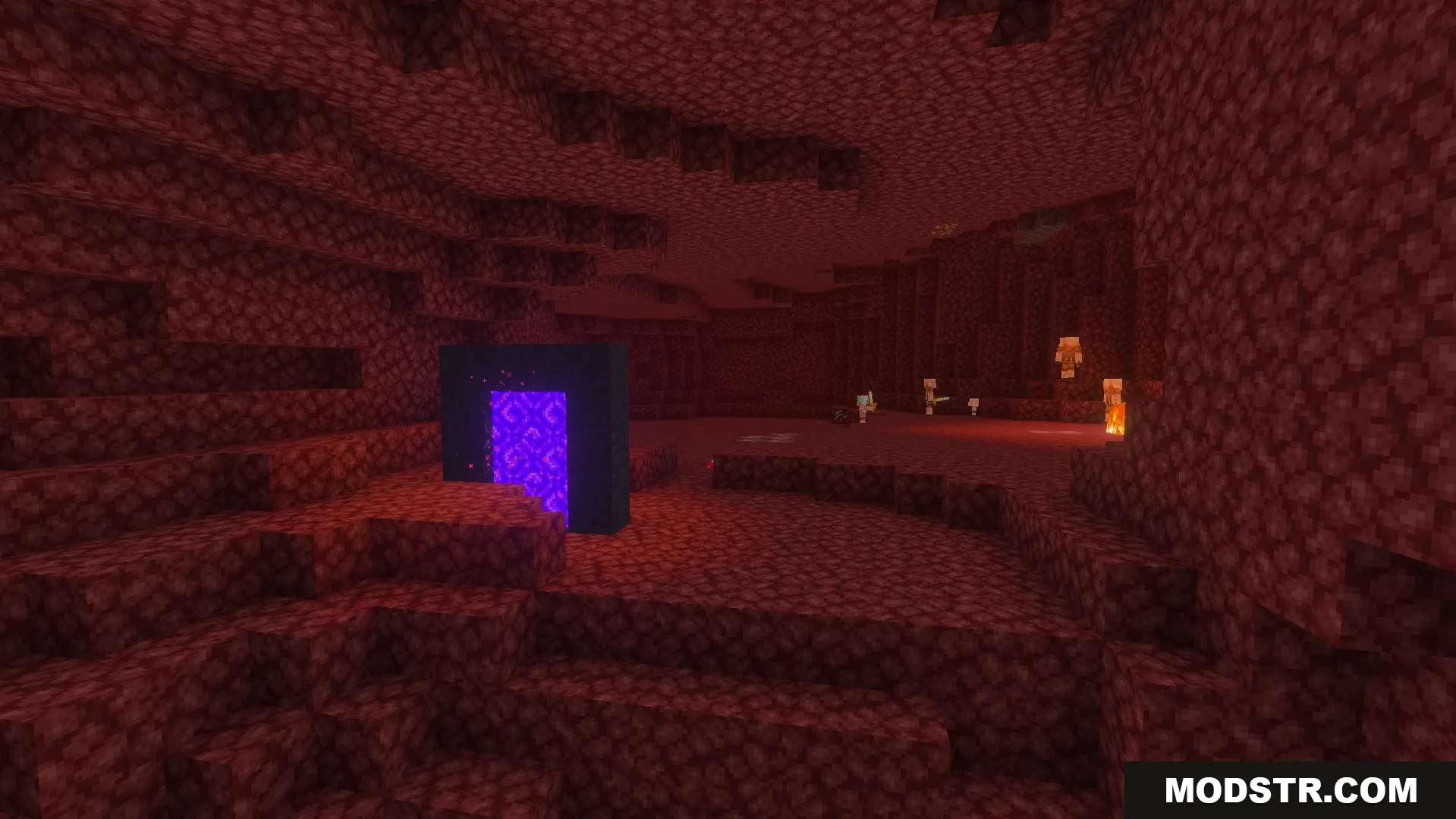 Alice Shader Screenshot 7 A glowing purple Nether portal stands inside a dark red Netherrack cave