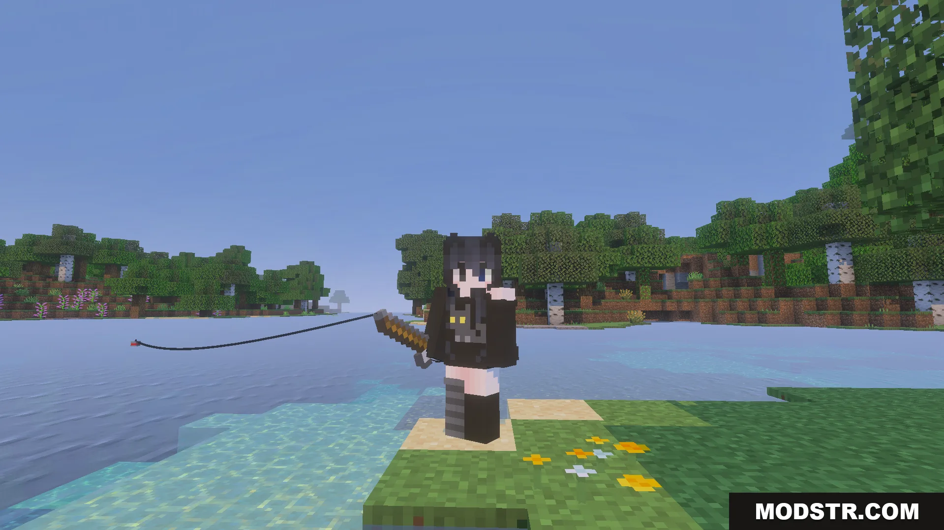 Alice Shader Screenshot 5 A Minecraft character fishing by a scenic lake showcasing the Alice Shader pack