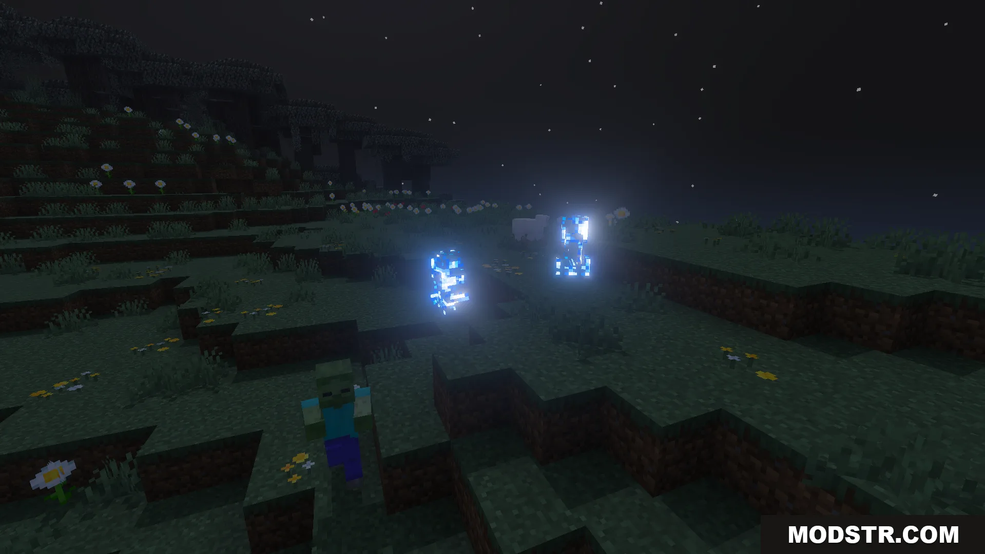 Alice Shader Screenshot 2 Glowing blue creepers and a zombie wandering through a dark grassy field