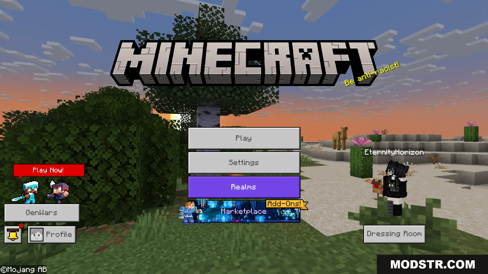 Minecraft main menu interface featuring a desert landscape during sunset panorama background