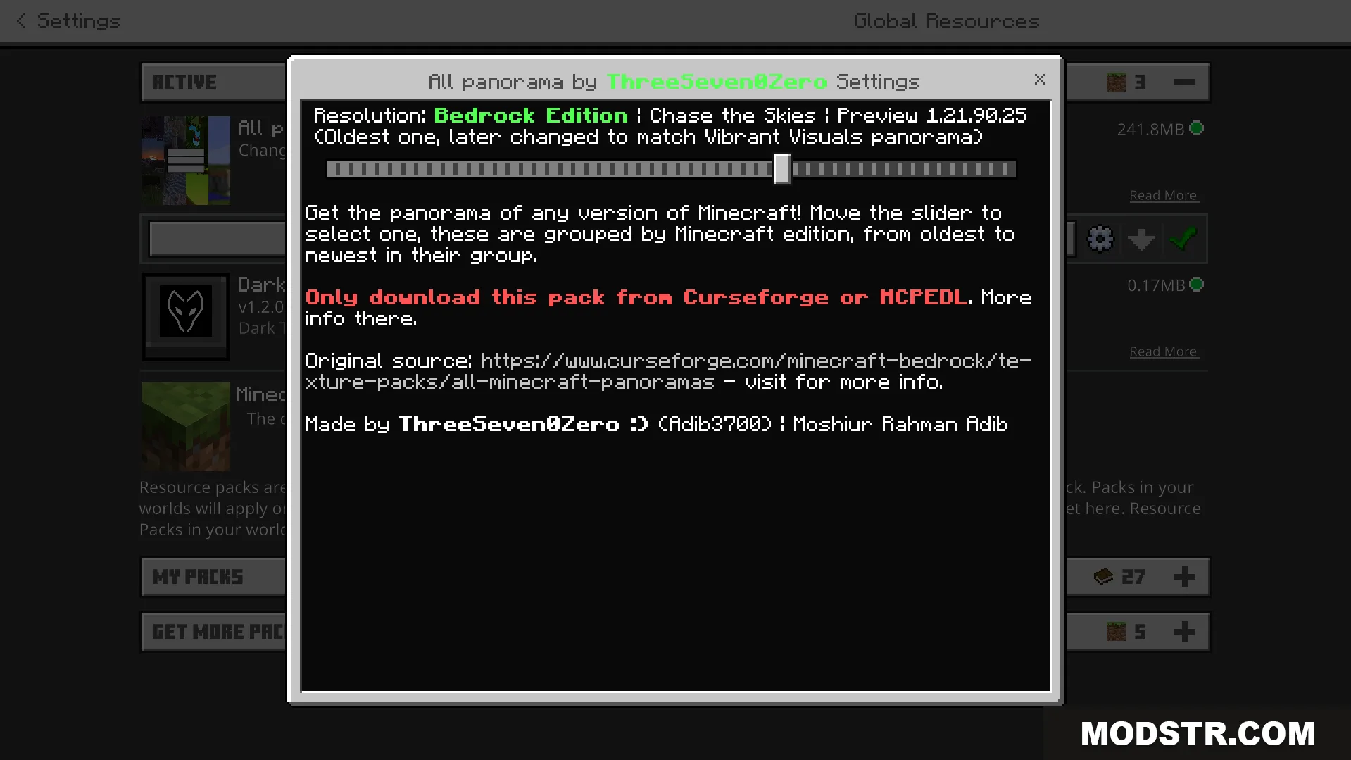All Minecraft Panorama Texture Pack settings menu with version selection slider