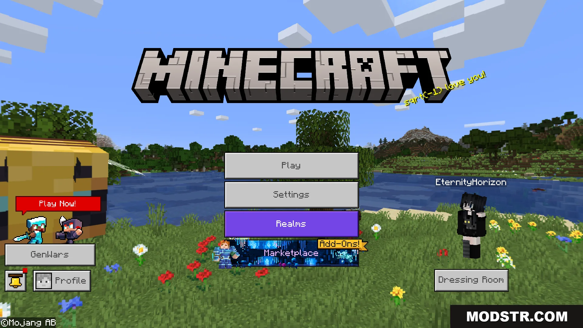 Main menu interface displaying a bright grassy landscape background from the texture pack