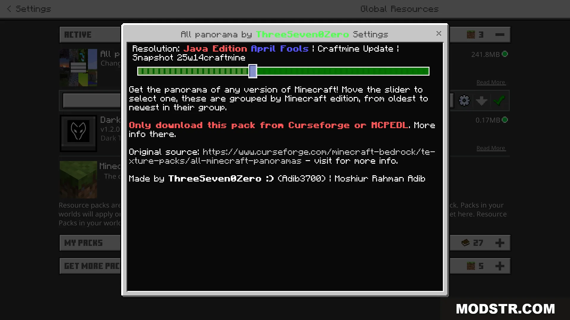 A settings window with a slider to choose various Minecraft menu backgrounds