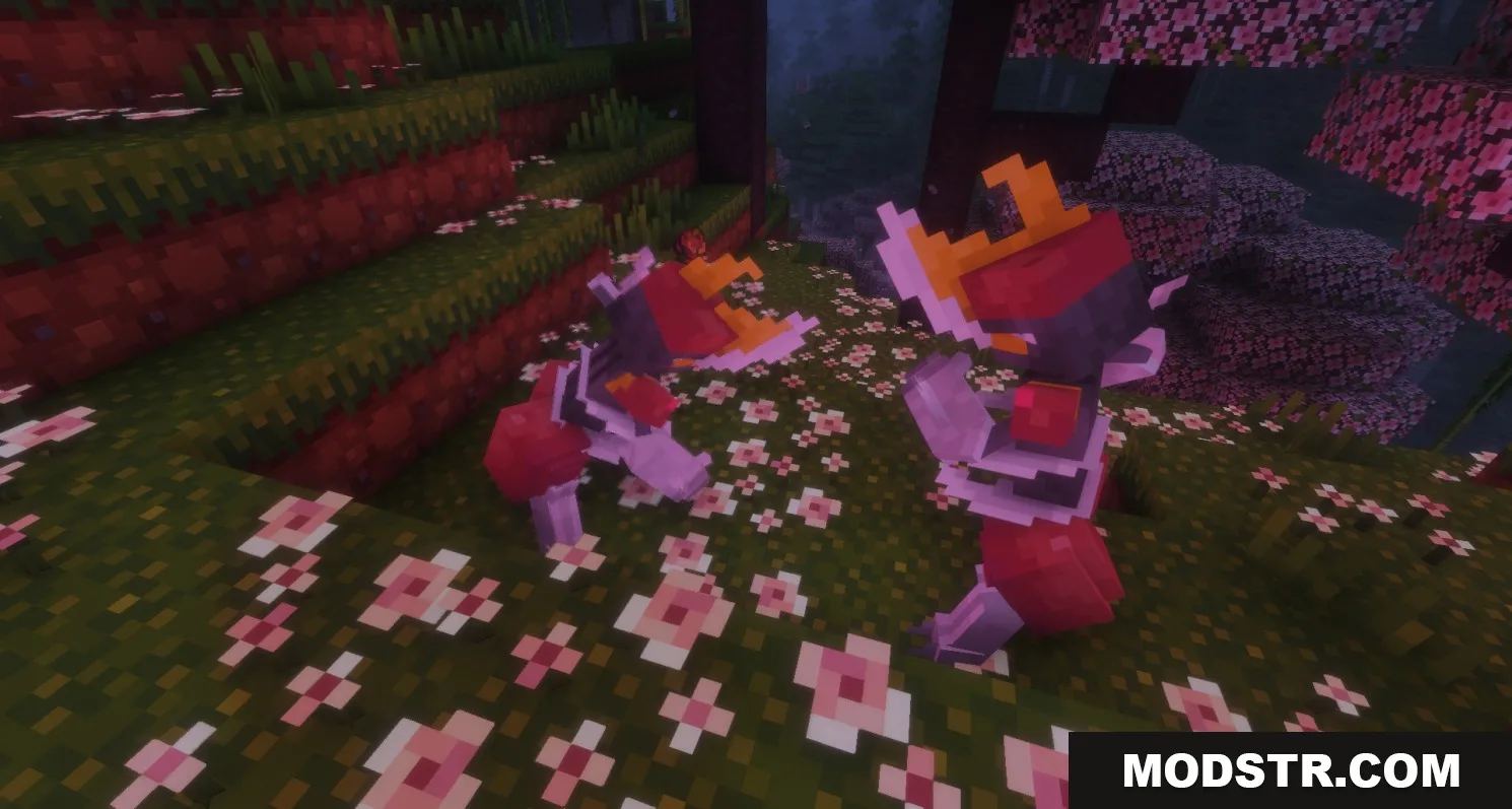 All the Mons Cobblemon Resource Pack Screenshot 5 Two Kingambit Pokemon standing among pink flowers in a cherry blossom forest