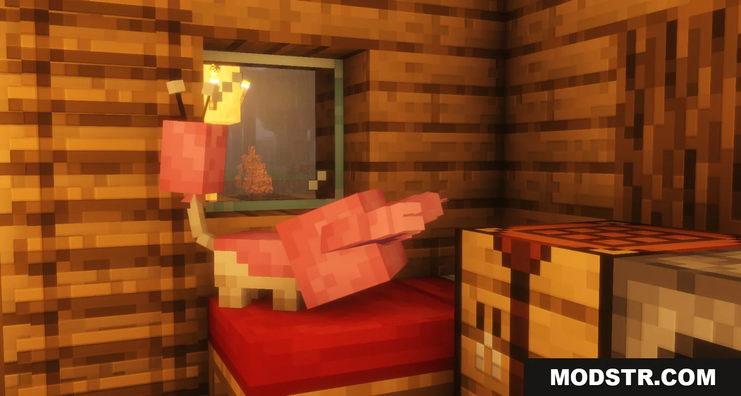 All the Mons Cobblemon Resource Pack Screenshot 4 A pink blocky creature sitting on a red bed in a wooden room