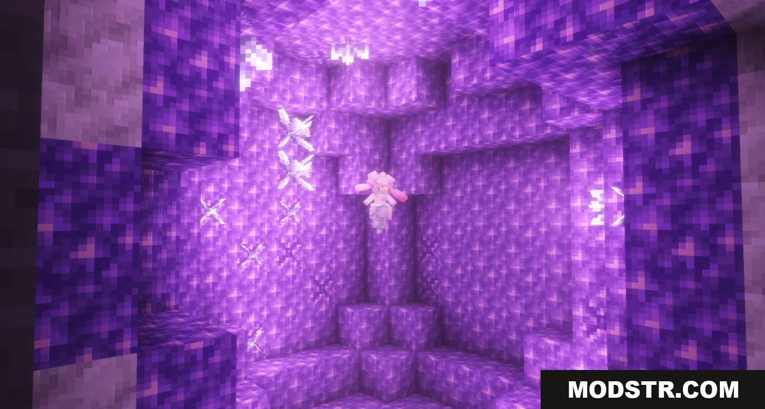 All the Mons Cobblemon Resource Pack Screenshot 6 A pink Diancie Pokemon floating inside a glowing purple amethyst geode cave